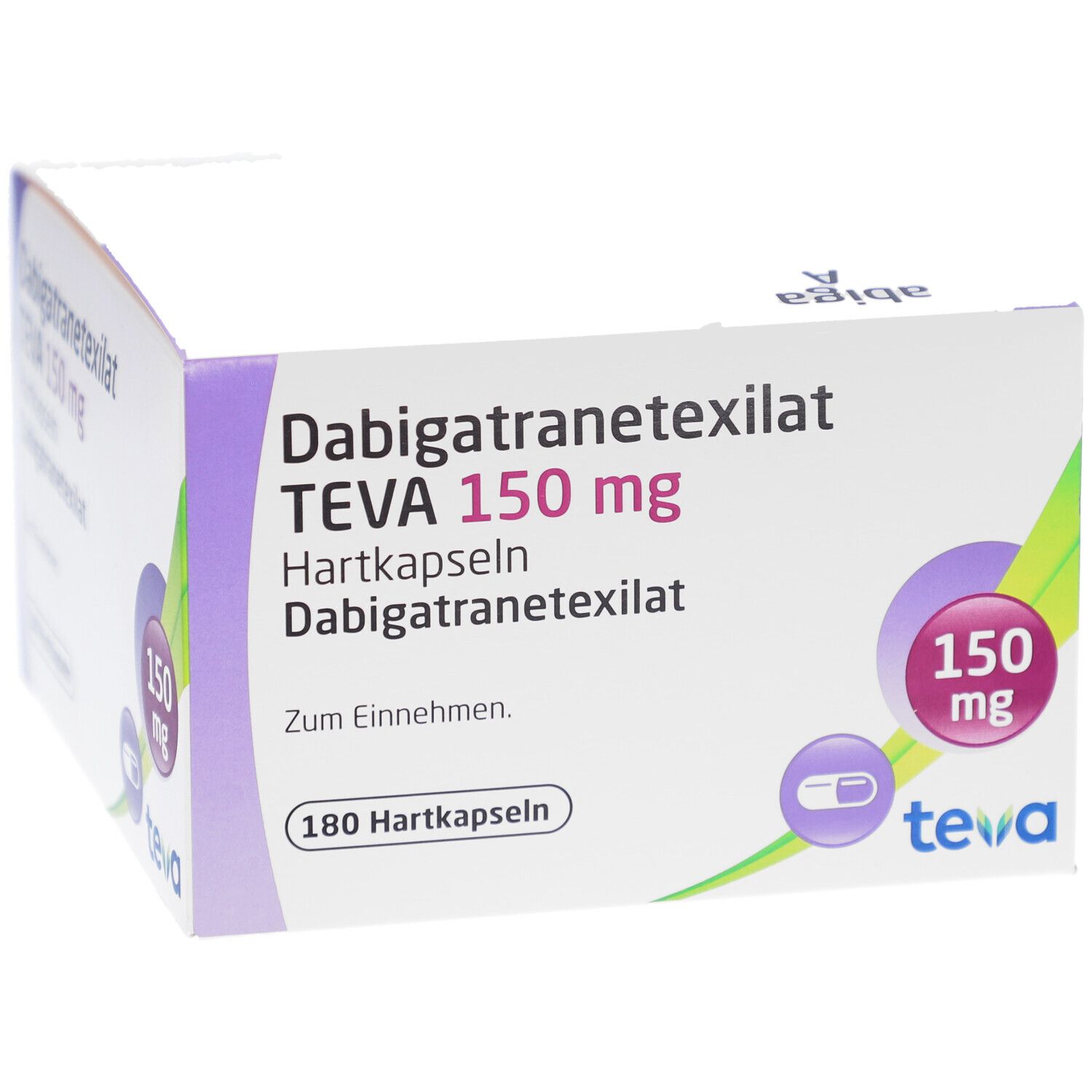 Weiß-lila Karton. Aufschrift: Dabigatranetexilat TEVA 150 mg Hartkapseln. 180 Hartkapseln. Logo Teva. 150 mg-Symbol.