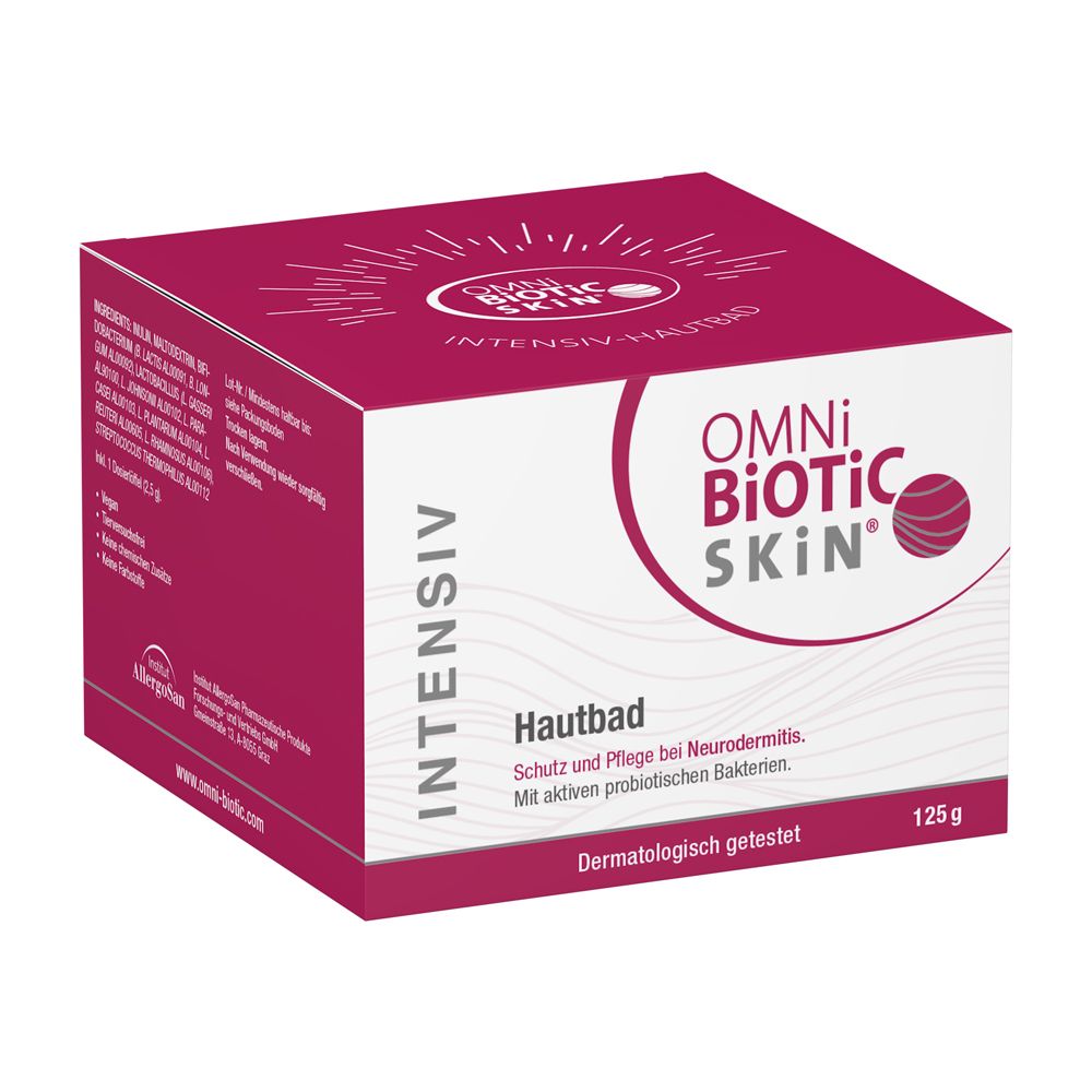 OMNi-BiOTiC SKIN® Intensiv Hautbad. Rechteckige Verpackung, rot-weiß. Aufschrift: OMNi-BiOTiC SKIN, Intensiv Hautbad, 125g. Dermatologisch getestet.