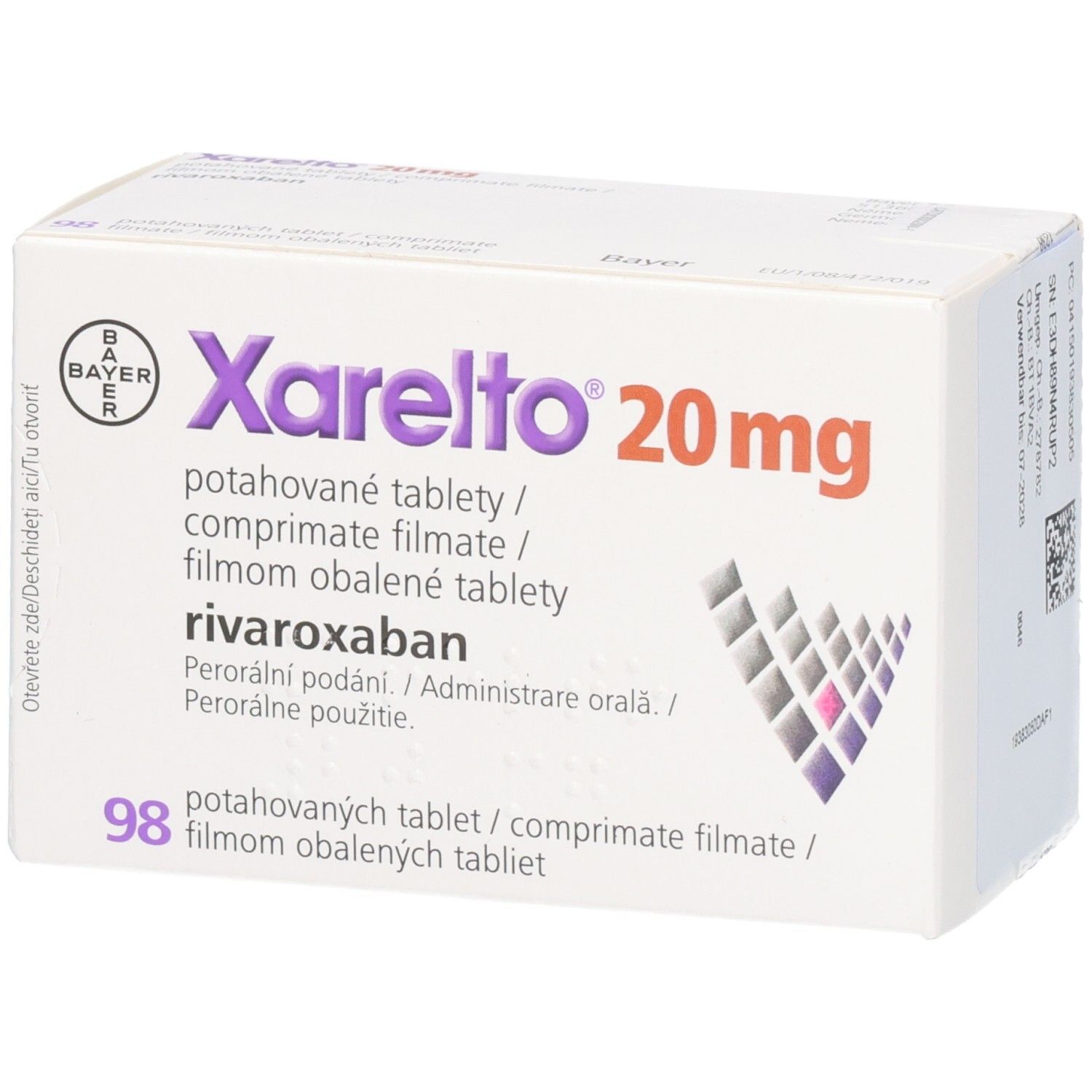 Schachtel mit Xarelto 20 mg Filmtabletten. Bayer-Logo. Text in mehreren Sprachen. 98 Tabletten.
