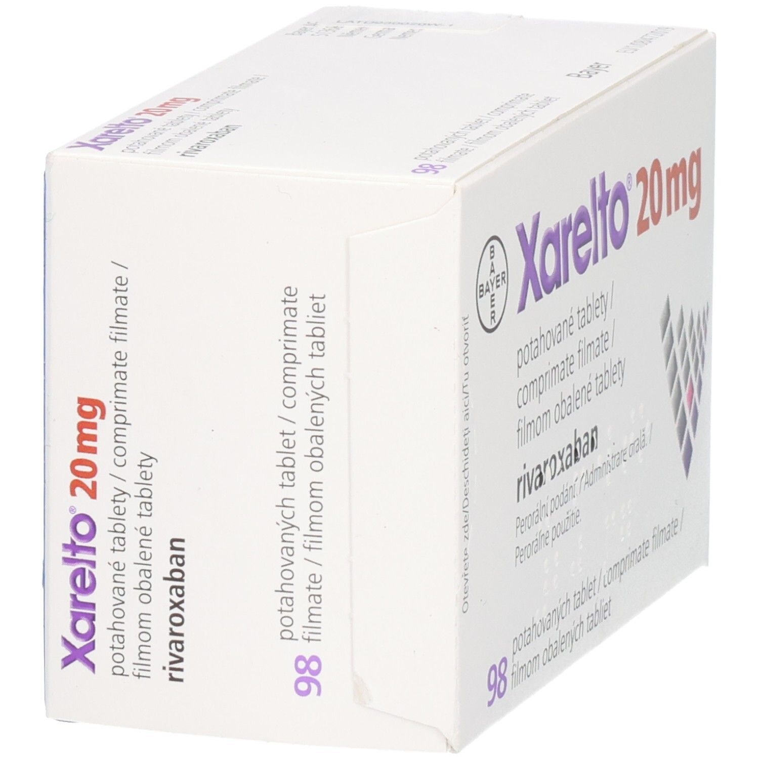 Schachtel Xarelto 20 mg, Seitenansicht. Text in mehreren Sprachen. 98 Tabletten. Bayer-Logo.