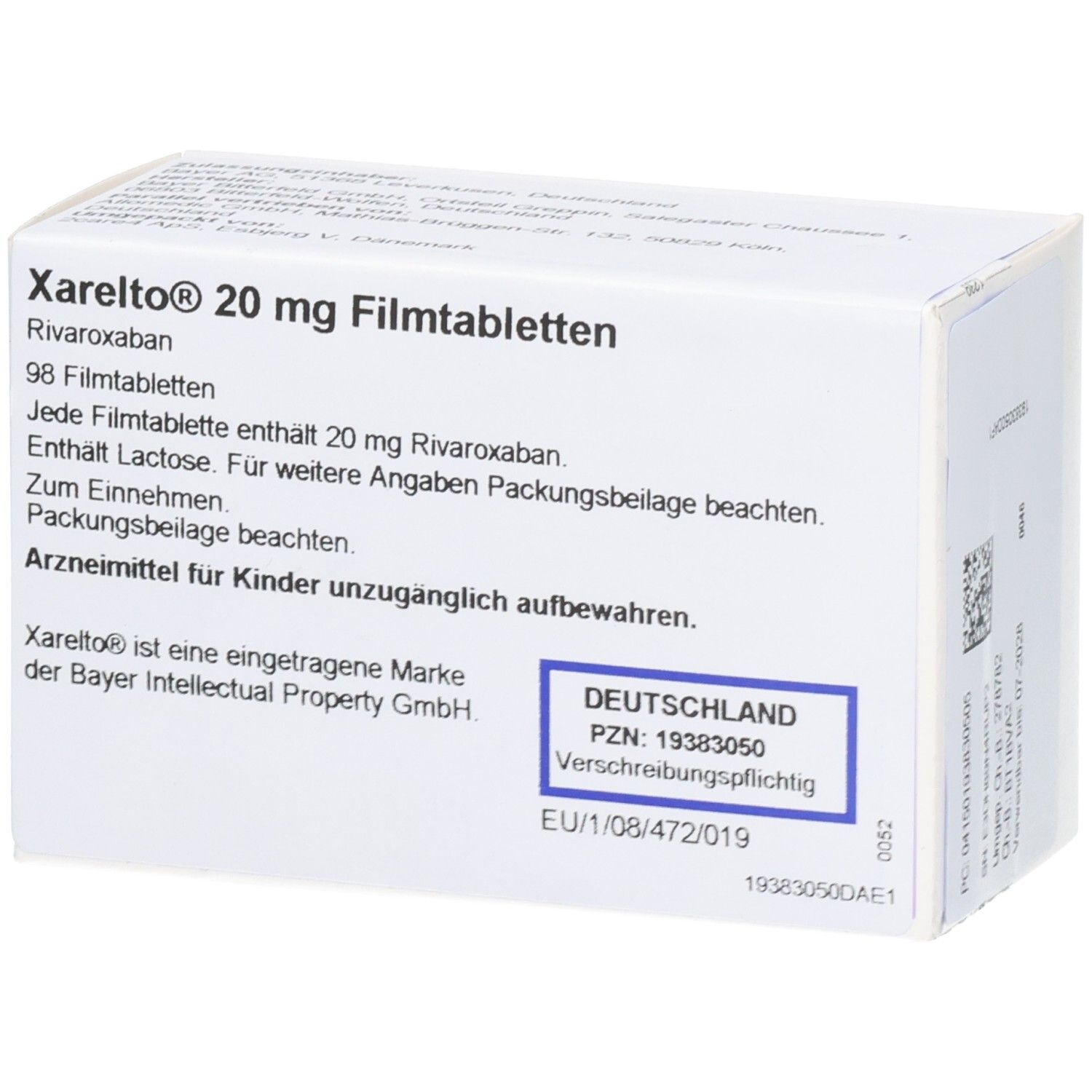 Schachtel Xarelto 20 mg Filmtabletten. Text in Deutsch. 98 Filmtabletten. PZN-Nummer. Bayer-Logo.