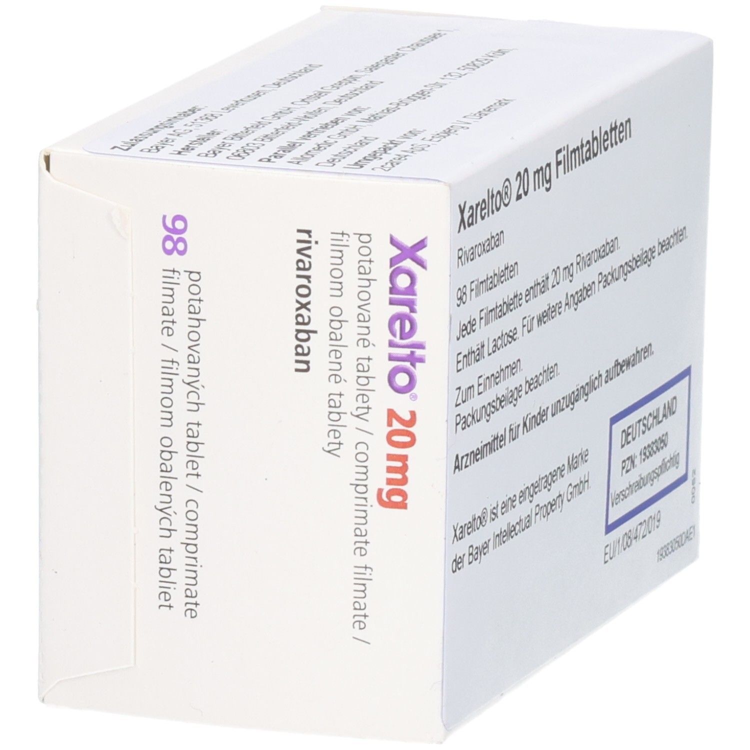 Schachtel Xarelto 20 mg, Seitenansicht. Text in Deutsch. 98 Filmtabletten. Bayer-Logo.