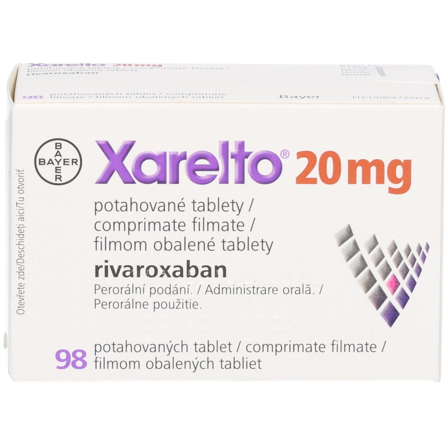 Schachtel mit Xarelto 20 mg Filmtabletten. Bayer-Logo. Text in mehreren Sprachen. 98 Tabletten.