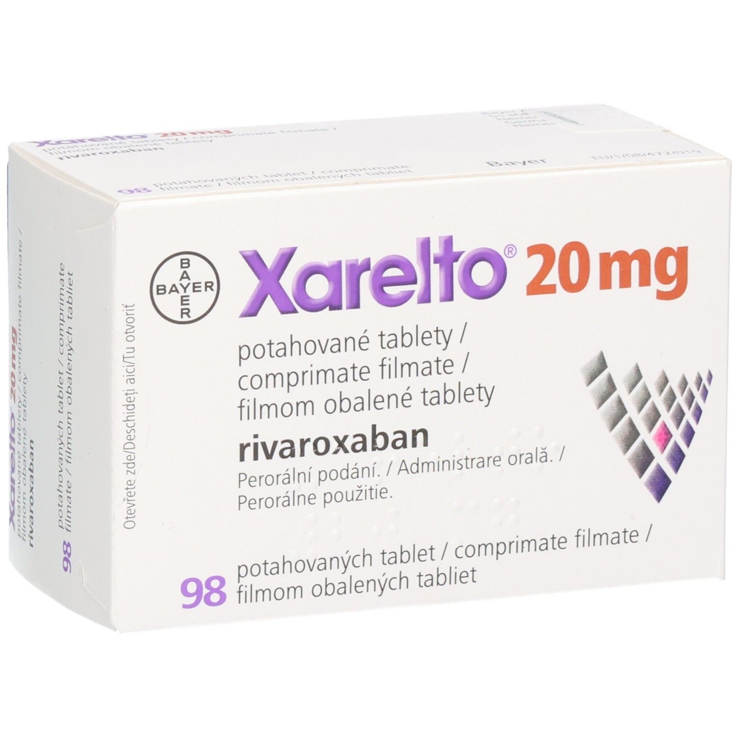 Schachtel mit Xarelto 20 mg Filmtabletten. Bayer-Logo. Text in mehreren Sprachen. 98 Tabletten.
