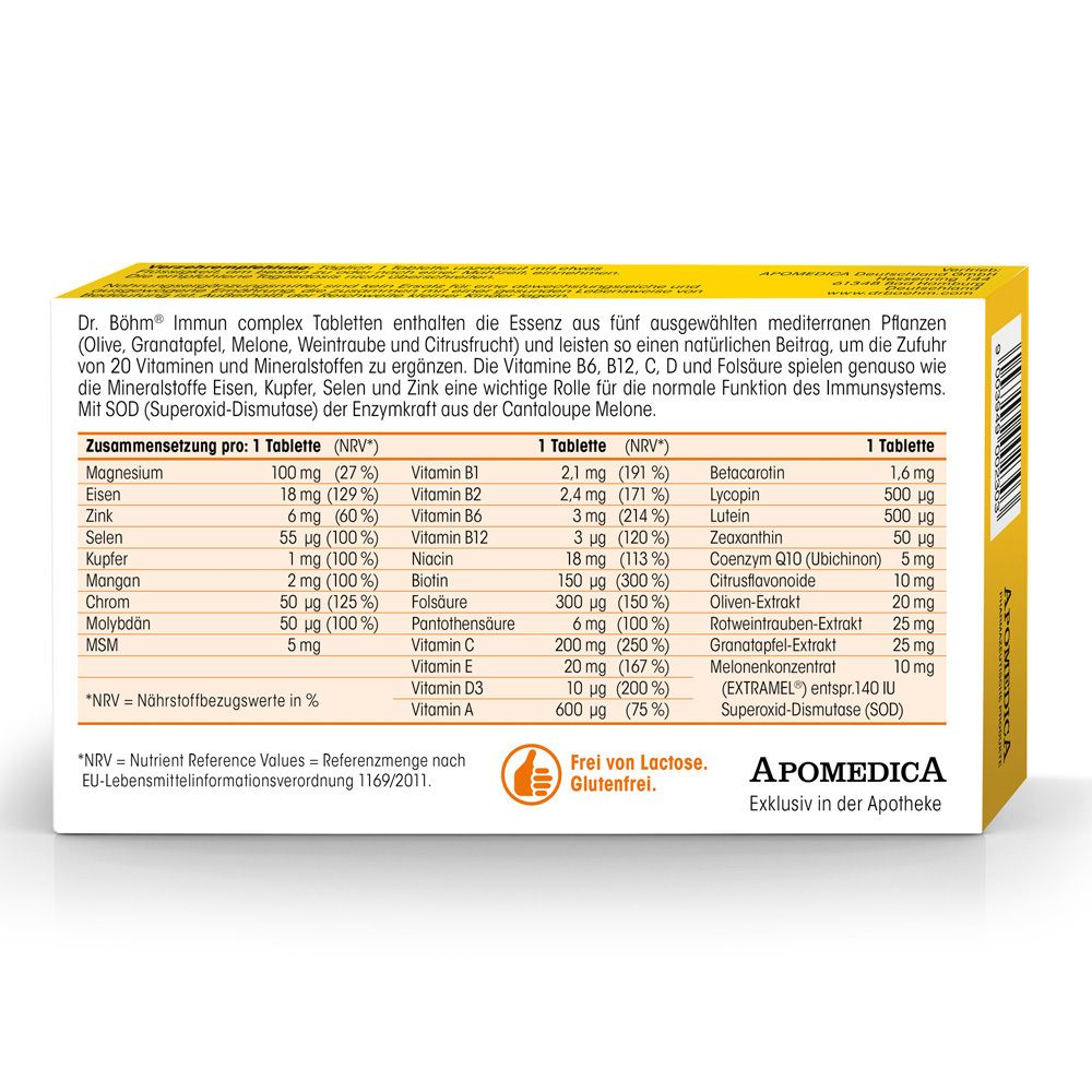 Rückseite der Dr. Böhm Immun complex Tabletten-Packung. Enthält Nährwertangaben und Inhaltsstoffe. Apomedica Logo.