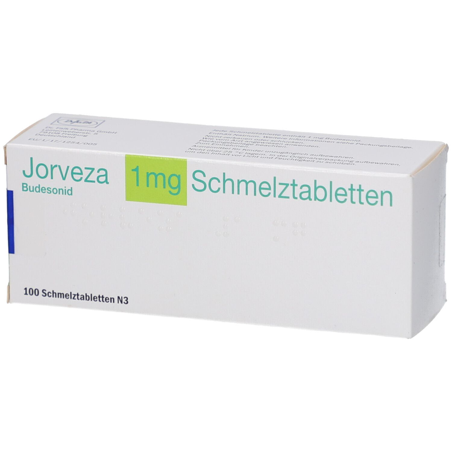 JORVEZA 1 mg Schmelztabletten-Packung. Weiße Schachtel mit grünen und blauen Akzenten. Text: JORVEZA, 1 mg, Schmelztabletten.
