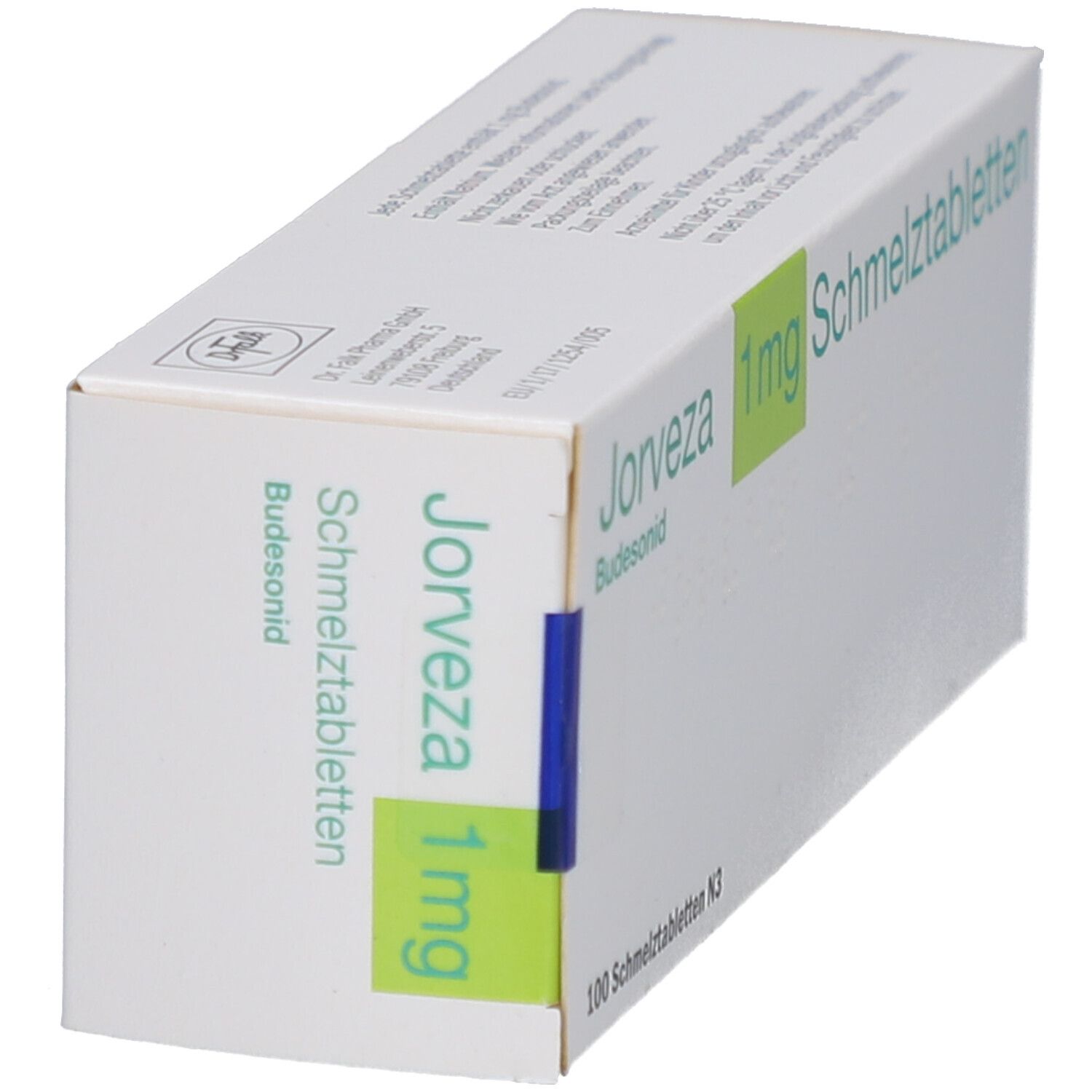 JORVEZA 1 mg Schmelztabletten-Packung. Weiße Schachtel mit grünen und blauen Akzenten. Text: JORVEZA, 1 mg, Schmelztabletten.