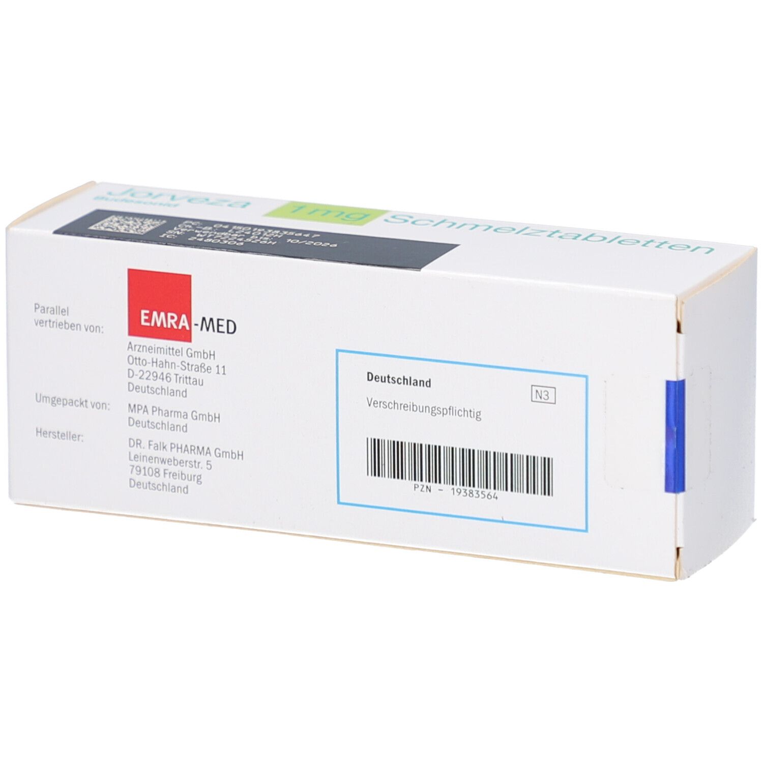 Rückseite der JORVEZA 1 mg Schmelztabletten-Packung. Weiße Schachtel mit Text und Barcode. Text: EMRA-MED, Deutschland.