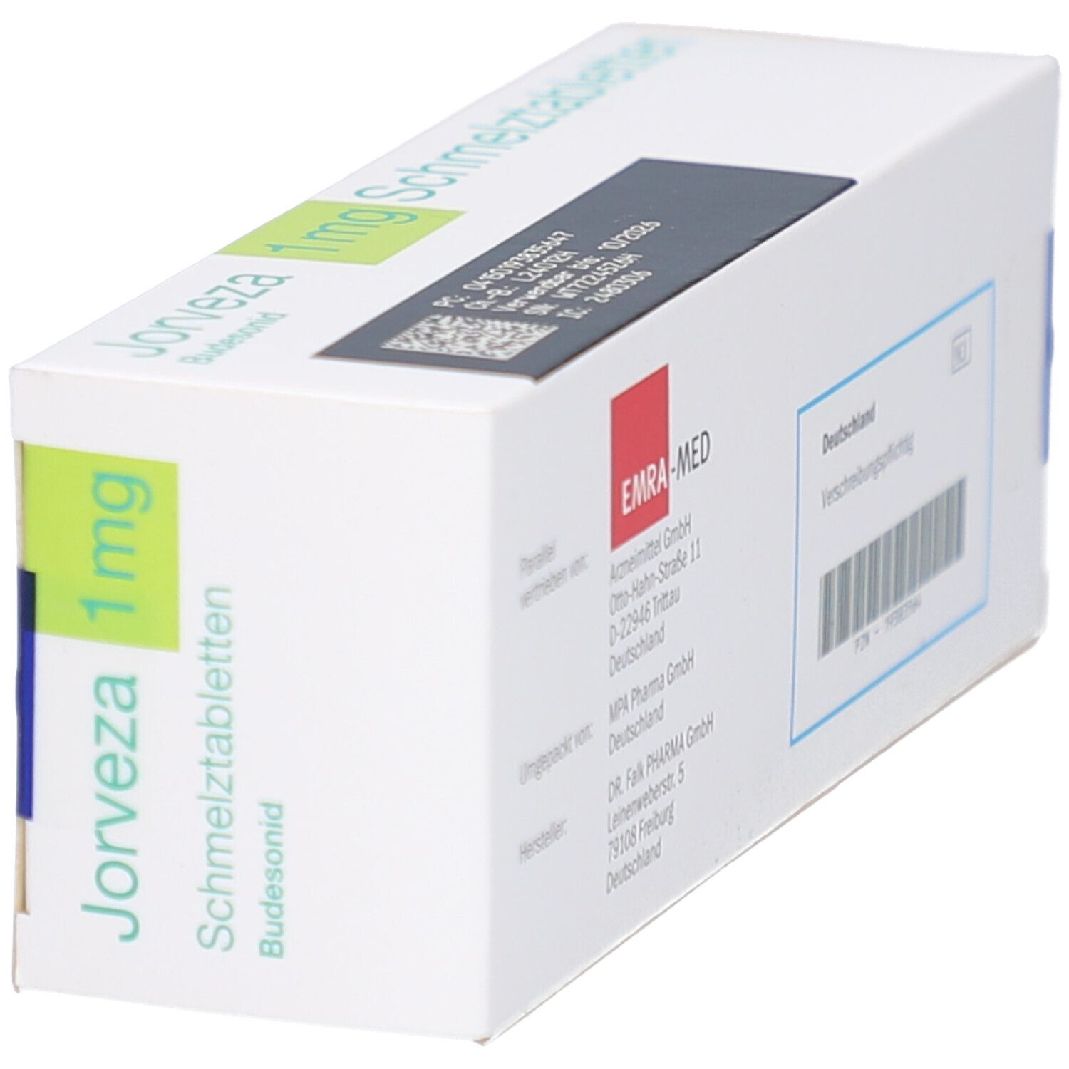 Seite der JORVEZA 1 mg Schmelztabletten-Packung. Weiße Schachtel mit Text und Barcode. Text: JORVEZA, EMRA-MED.