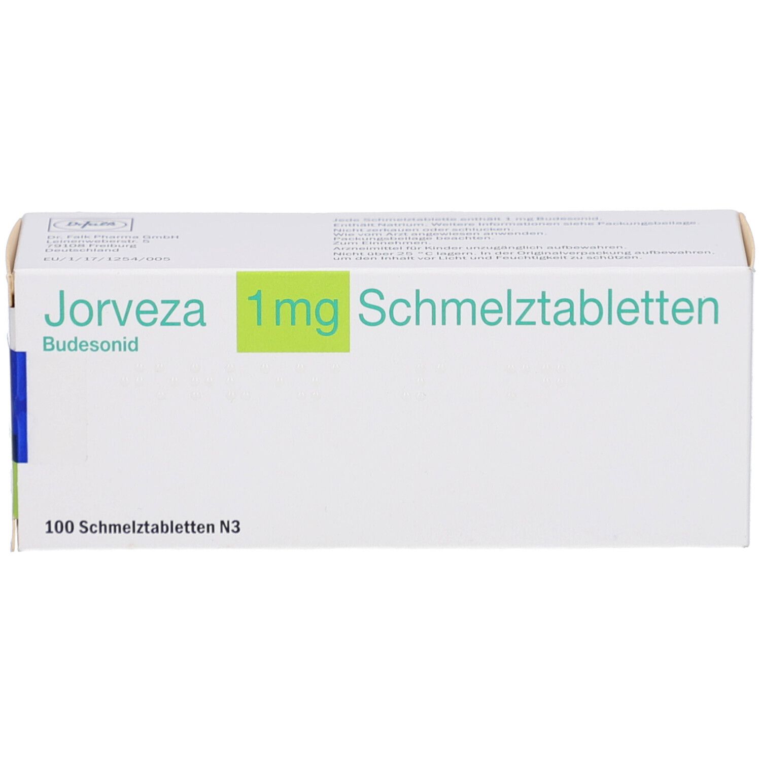 JORVEZA 1 mg Schmelztabletten-Packung. Weiße Schachtel mit grünen und blauen Akzenten. Text: JORVEZA, 1 mg, Schmelztabletten.