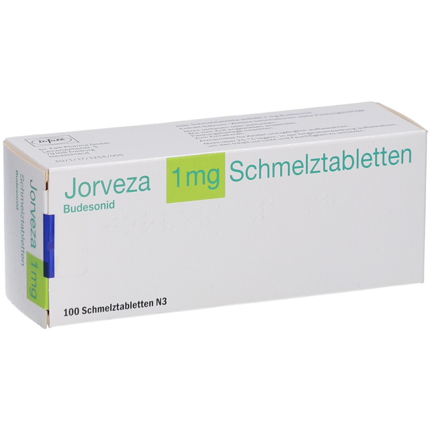 JORVEZA 1 mg Schmelztabletten-Packung. Weiße Schachtel mit grünen und blauen Akzenten. Text: JORVEZA, 1 mg, Schmelztabletten.