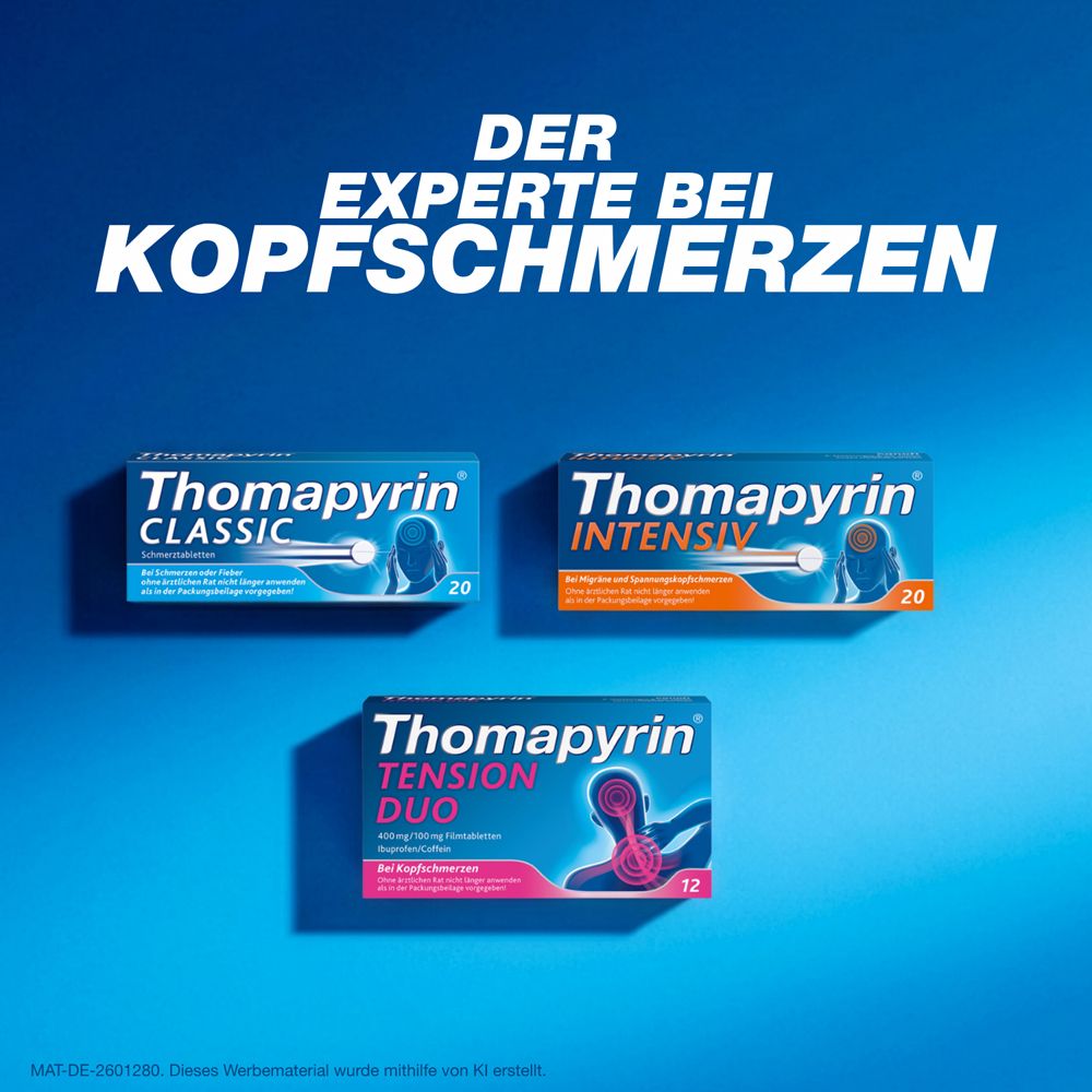 Drei Packungen Thomapyrin. Text: DER EXPERTE BEI KOPFSCHMERZEN. Classic, Intensiv, Tension Duo.