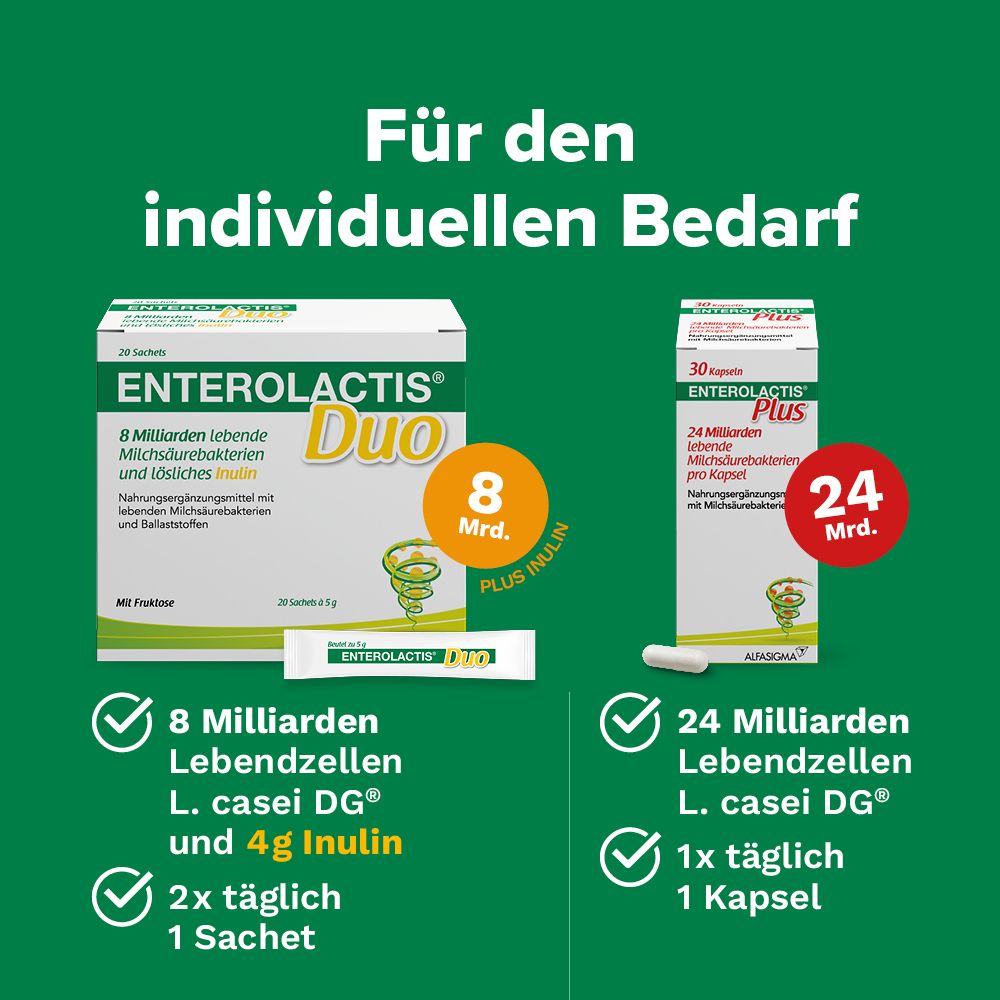 Enterolactis Duo: 8 Milliarden L. casei DG und 4g Inulin pro Sachet. 2x täglich 1 Sachet.