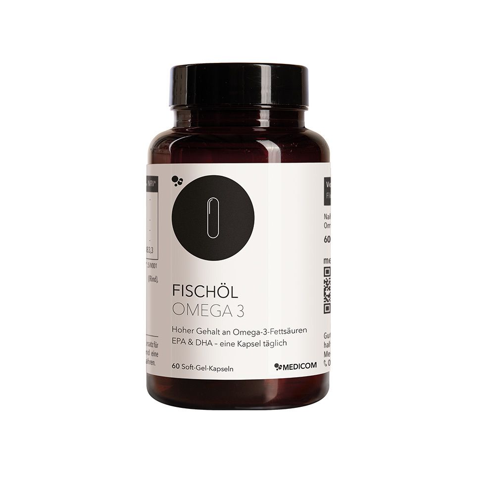 Braune Flasche mit Fischöl Omega-3 Kapseln. Schwarzer Deckel, weißes Etikett mit Produktinformationen und Logo.