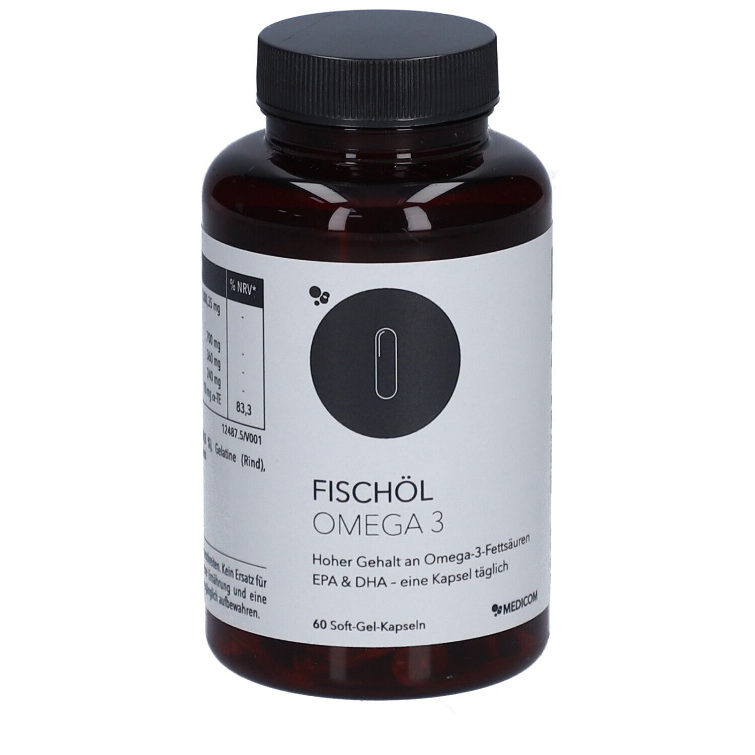 Braune Flasche mit schwarzen Deckel. Aufschrift: Fischöl Omega 3. 60 Soft-Gel-Kapseln. Marke: Medicom.