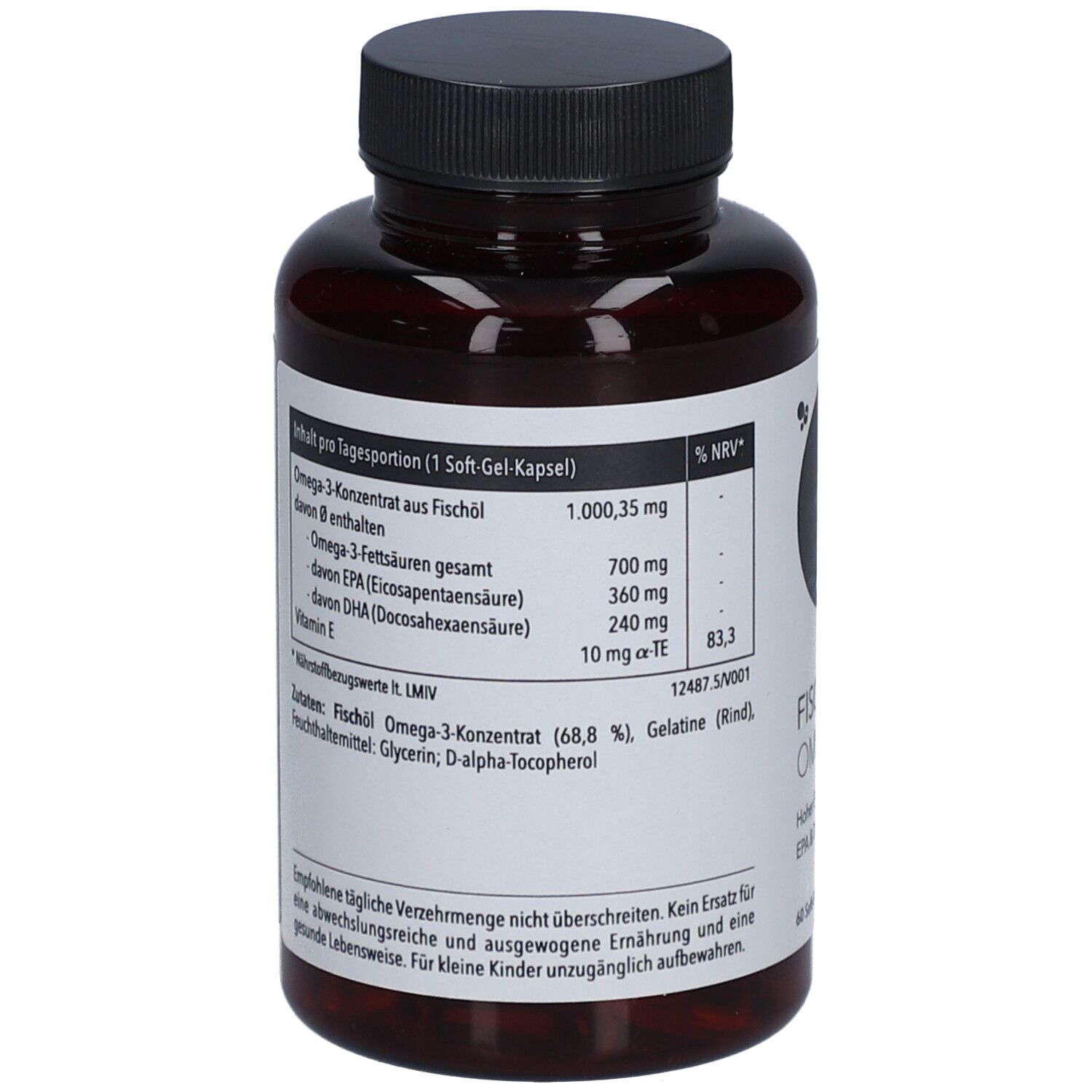Rückseite der braunen Flasche. Enthält Informationen zu Inhaltsstoffen und Nährwerten. Marke: Medicom.
