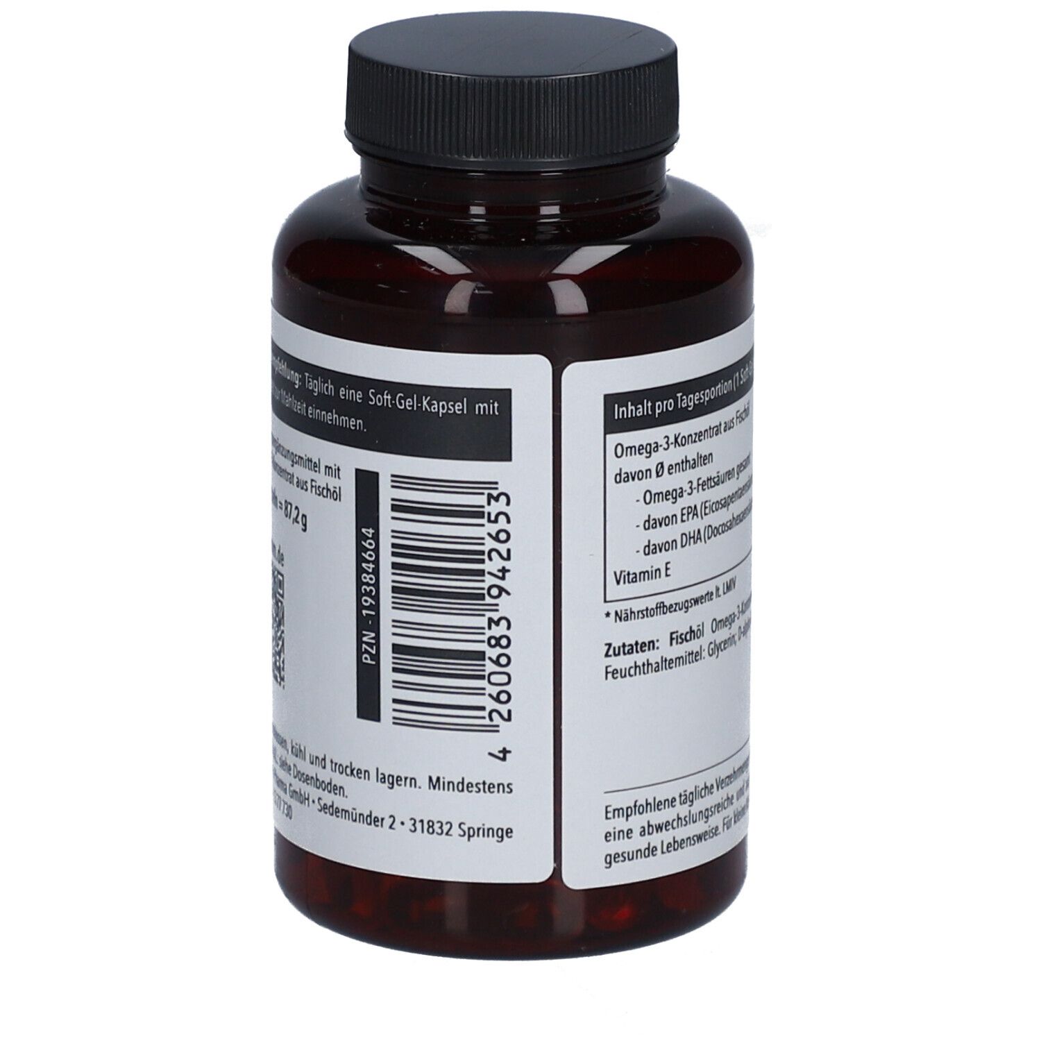 Rückseite der braunen Flasche. Barcode und weitere Informationen. Marke: Medicom.