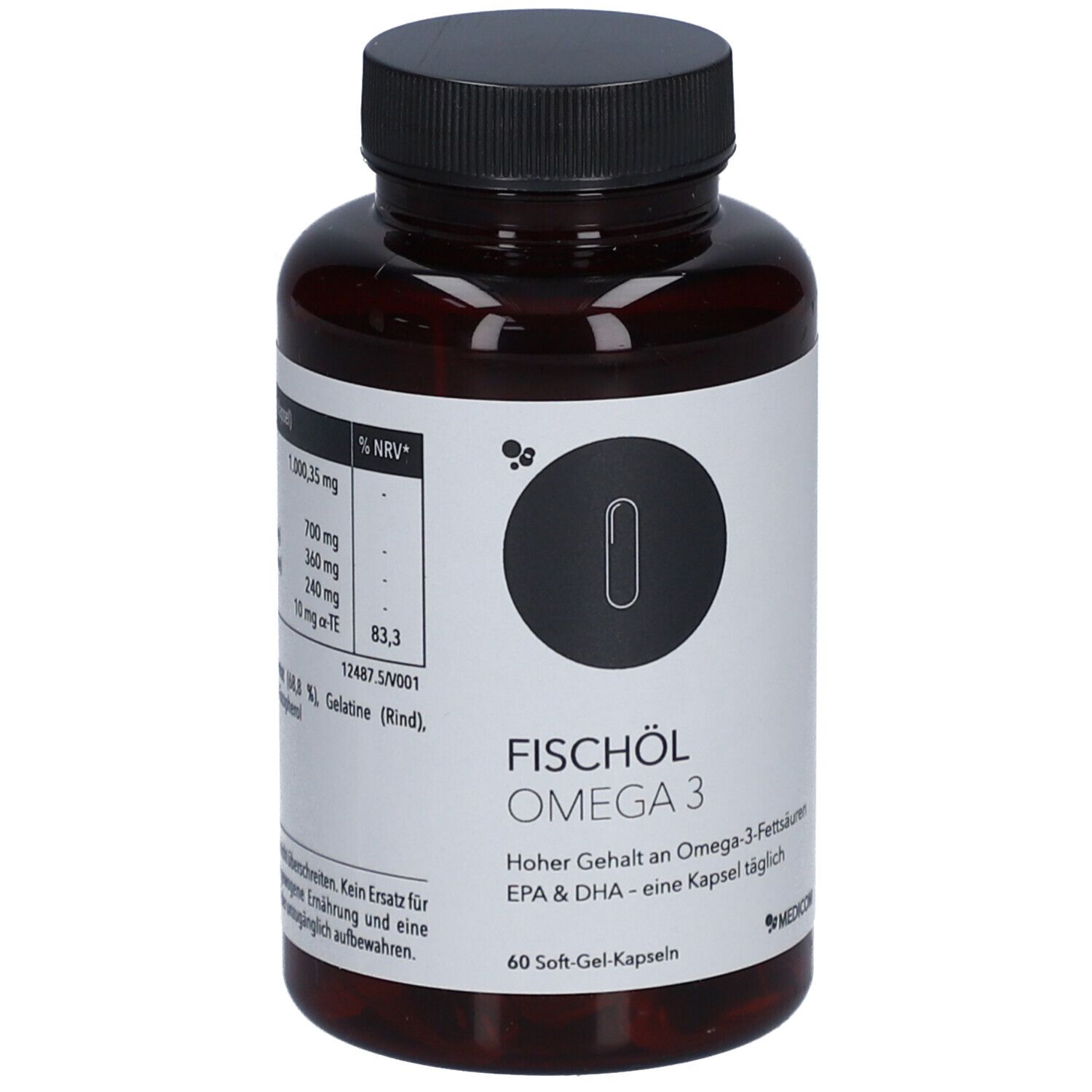 Braune Flasche mit schwarzen Deckel. Aufschrift: Fischöl Omega 3. Marke: Medicom.