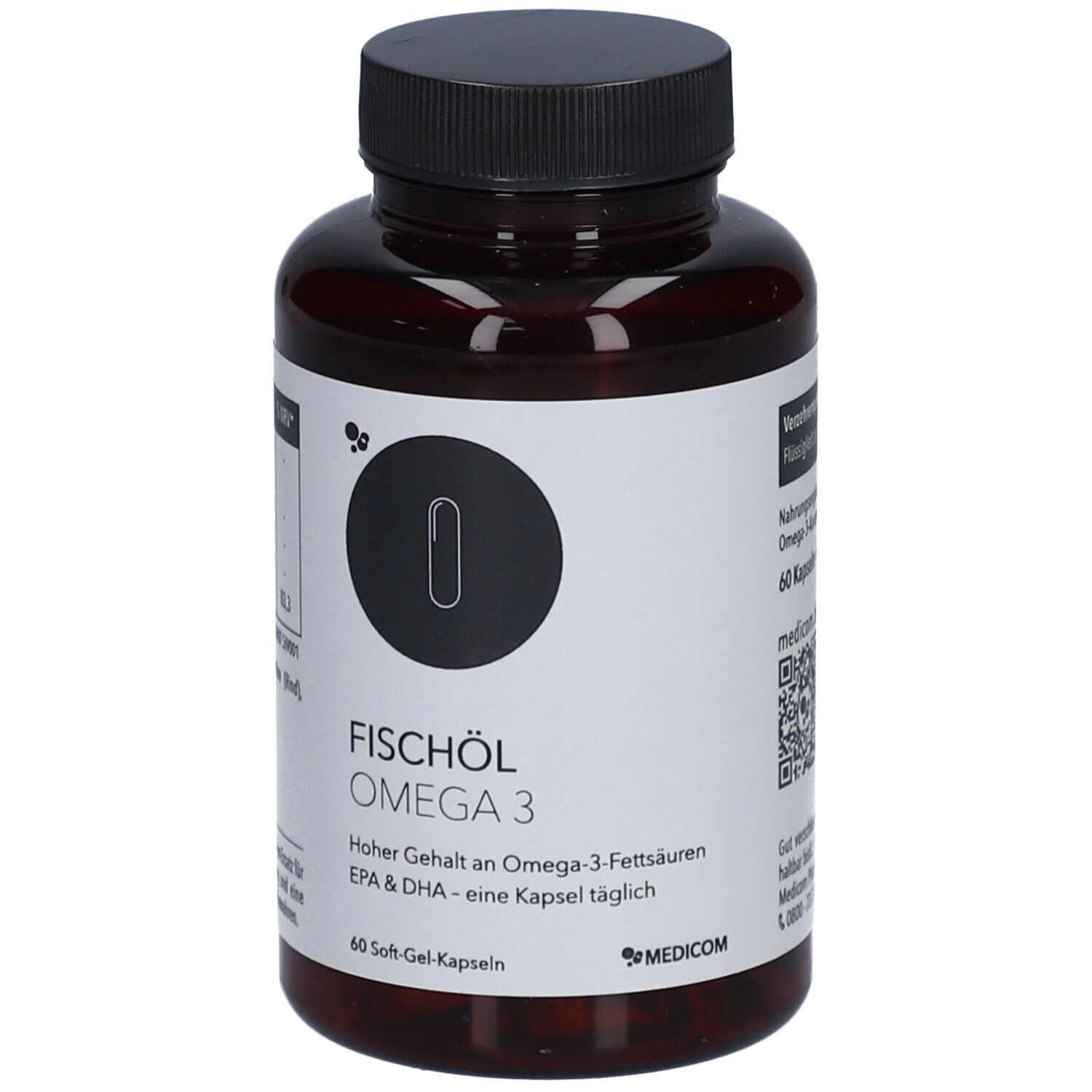 Braune Flasche mit schwarzen Deckel. Aufschrift: Fischöl Omega 3. Marke: Medicom.