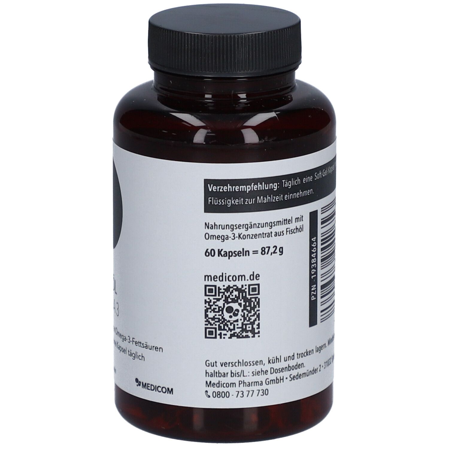 Rückseite der braunen Flasche. Informationen zur Einnahme und Inhaltsstoffe. Marke: Medicom.