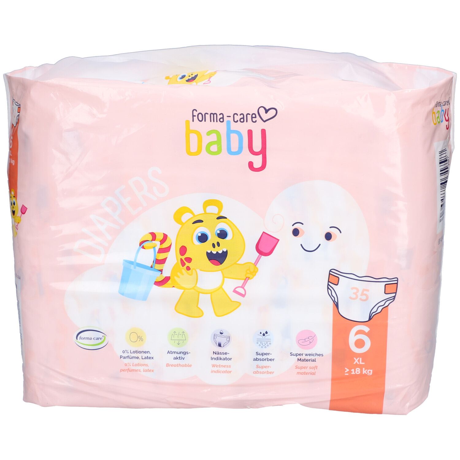 Rosa Verpackung forma-care baby Windeln Größe 6 XL. Enthält Illustrationen und Produktmerkmale. Sichtbar: 6 XL, 18 kg.