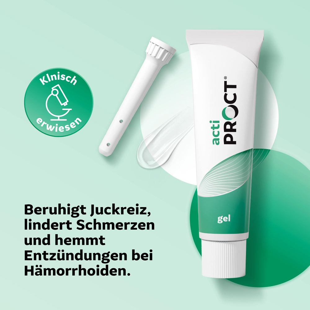 ActiProct Gel Tube mit Applikator. Beruhigt Juckreiz, lindert Schmerzen und hemmt Entzündungen bei Hämorrhoiden.