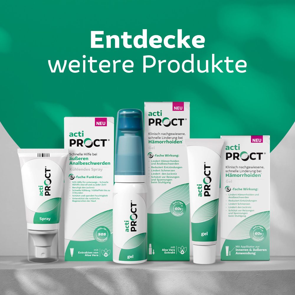 ActiProct Gel® und weitere Produkte. Sortiment zur Behandlung von Hämorrhoiden und Analbeschwerden.