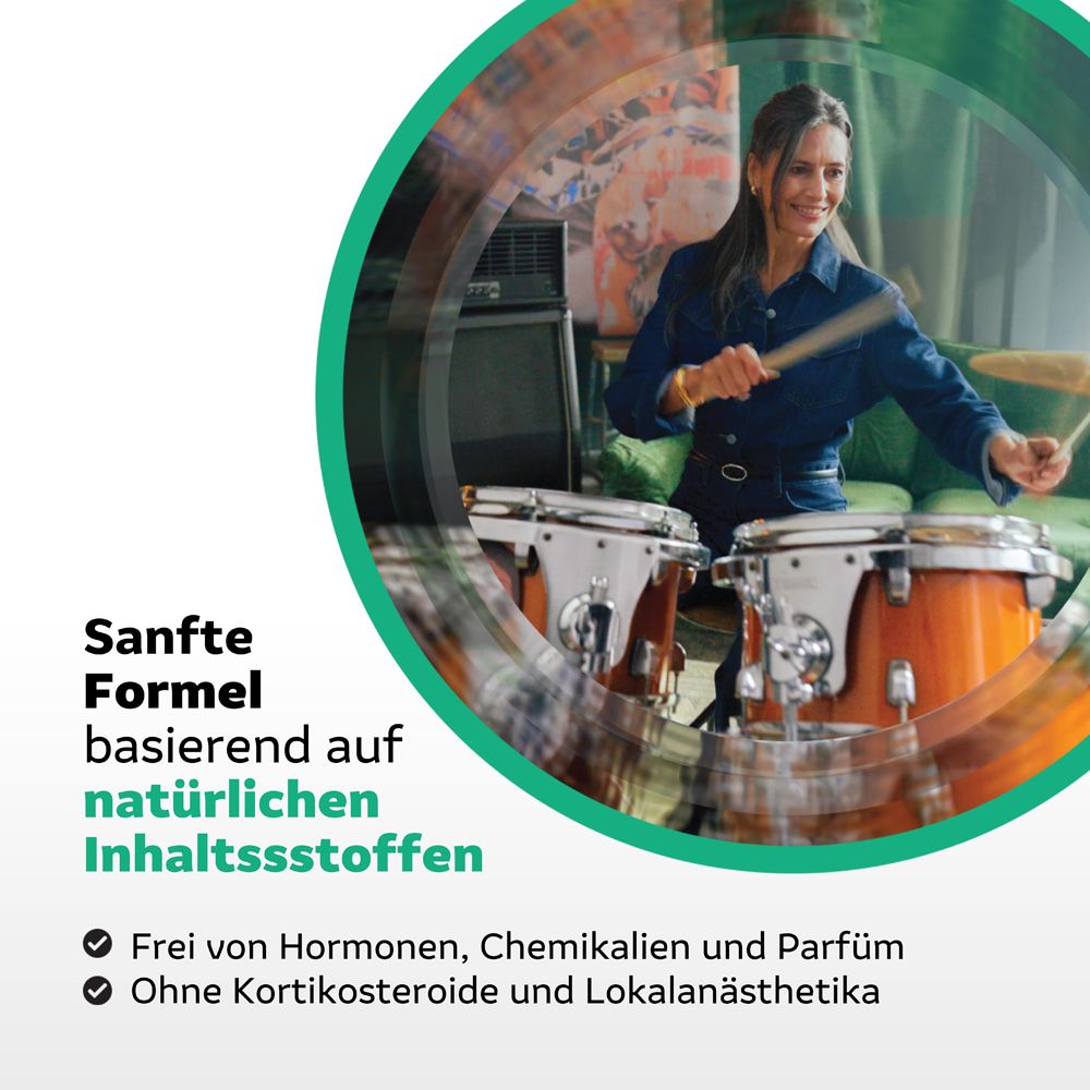 Sanfte Formel auf natürlichen Inhaltsstoffen. Frei von Hormonen, Chemikalien, Parfüm. Ohne Kortikosteroide und Lokalanästhetika.