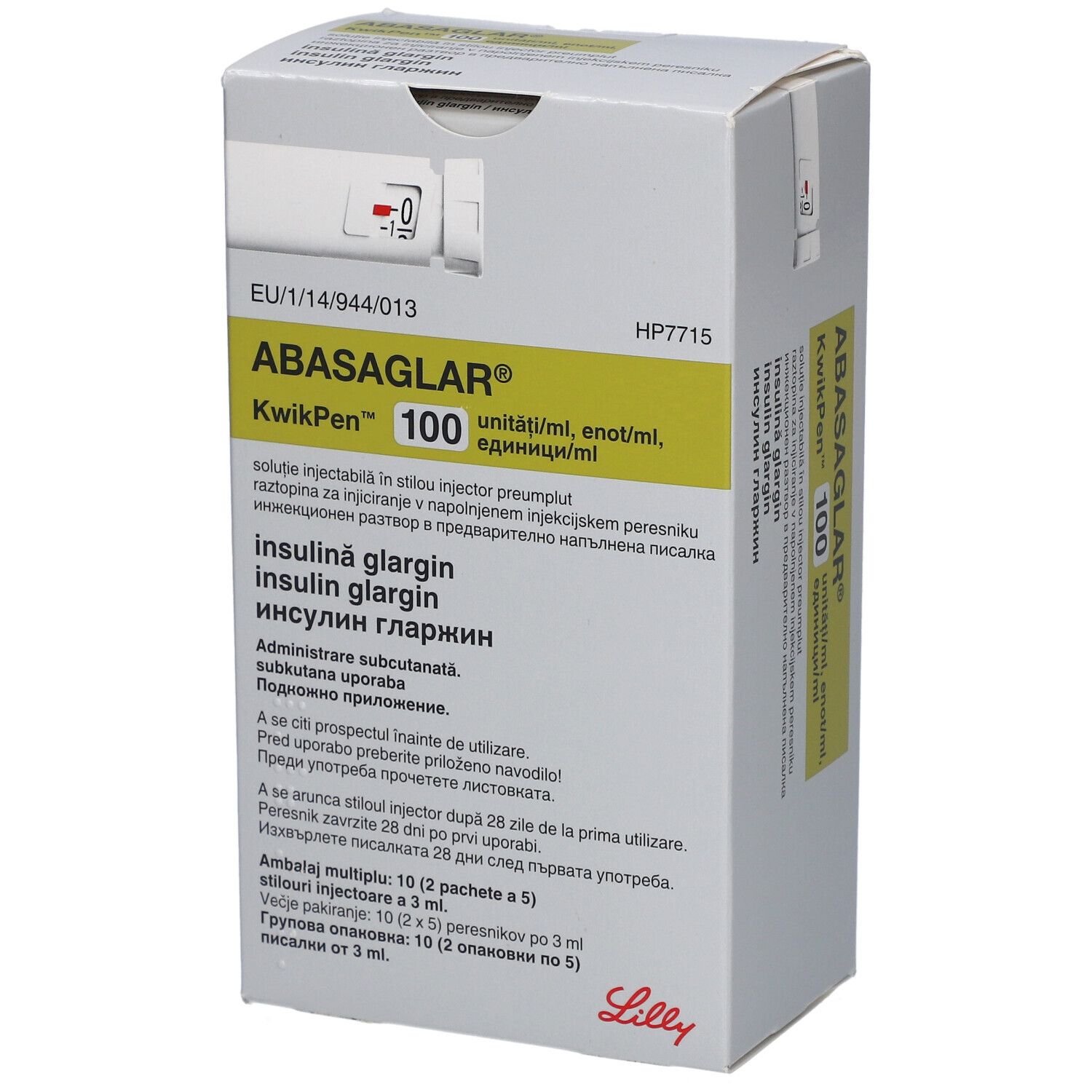 Karton mit ABASAGLAR KwikPen 100. Gelbe und weiße Verpackung. Text in mehreren Sprachen.