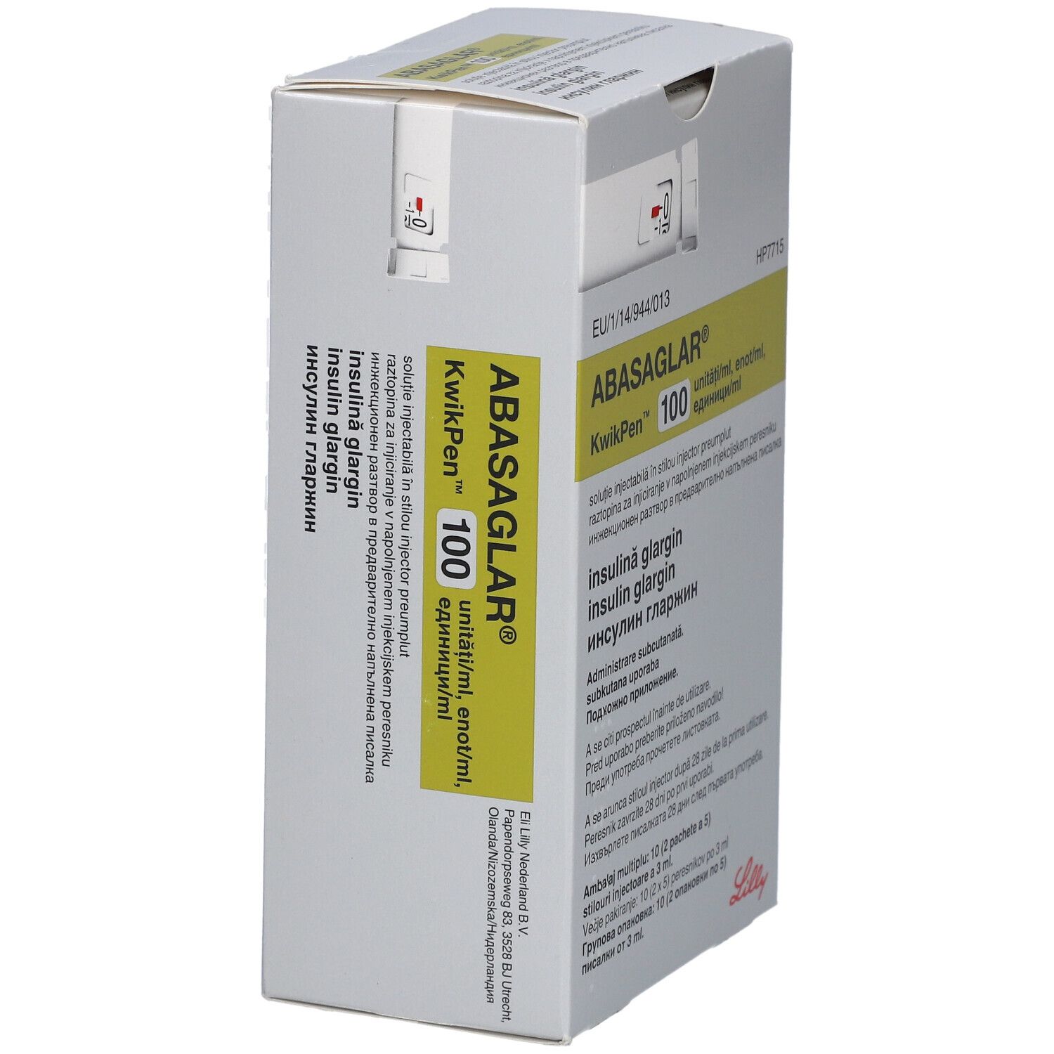 ABASAGLAR KwikPen 100 Verpackung. Weiße und gelbe Schachtel. Mehrsprachiger Text.