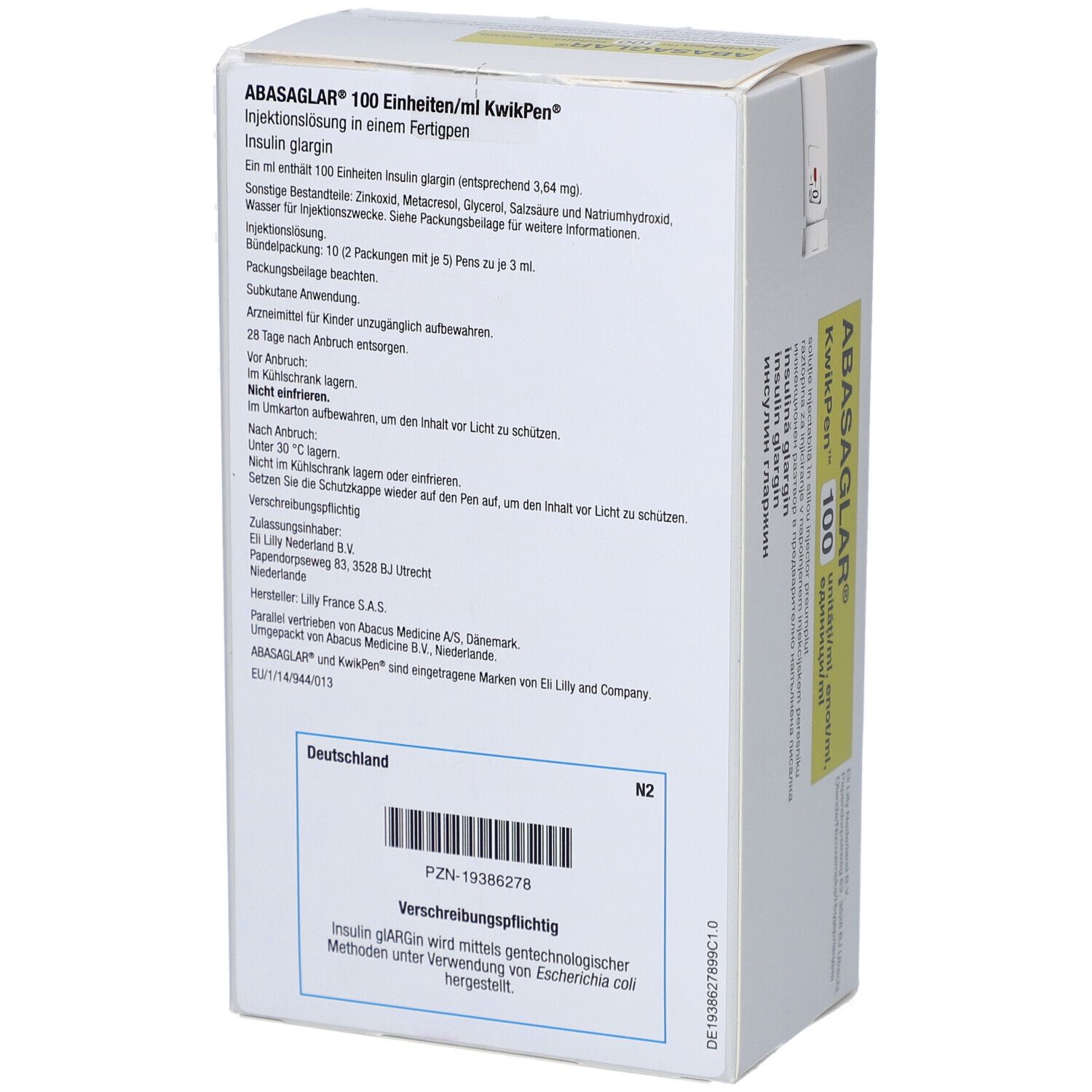 Rückseite der ABASAGLAR KwikPen 100 Verpackung. Text in Deutsch und andere Sprachen.