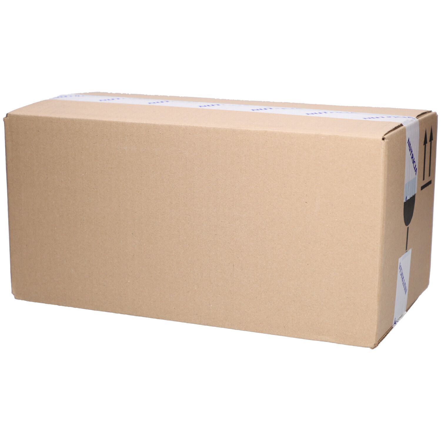 Braune Kartonverpackung. Klebeband über der Oberseite. Aufkleber mit Glas-Symbol. Pfeil-Symbol.