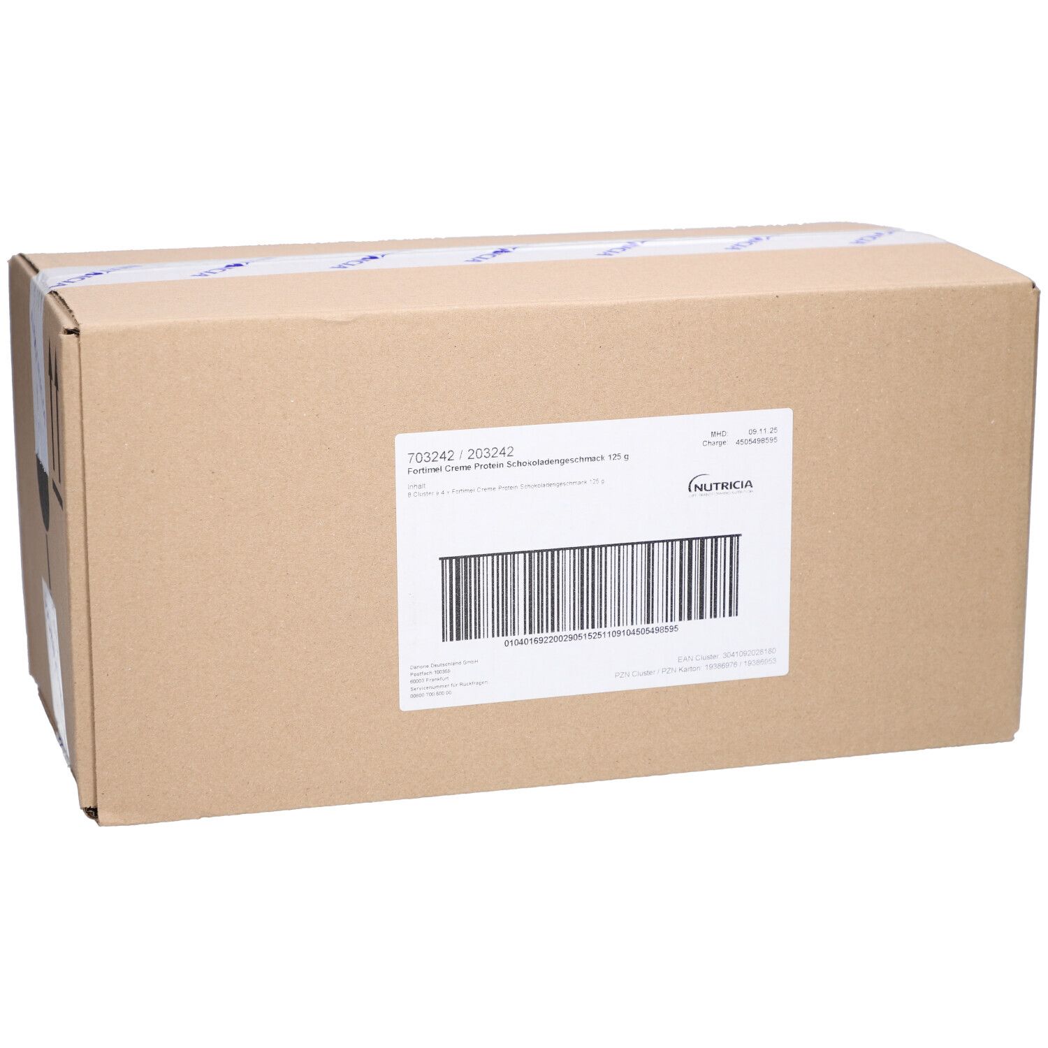 Braune Kartonverpackung mit Produktinformationen und Barcode. Aufkleber mit Nutricia-Logo. Aufkleber mit Produktinformationen.