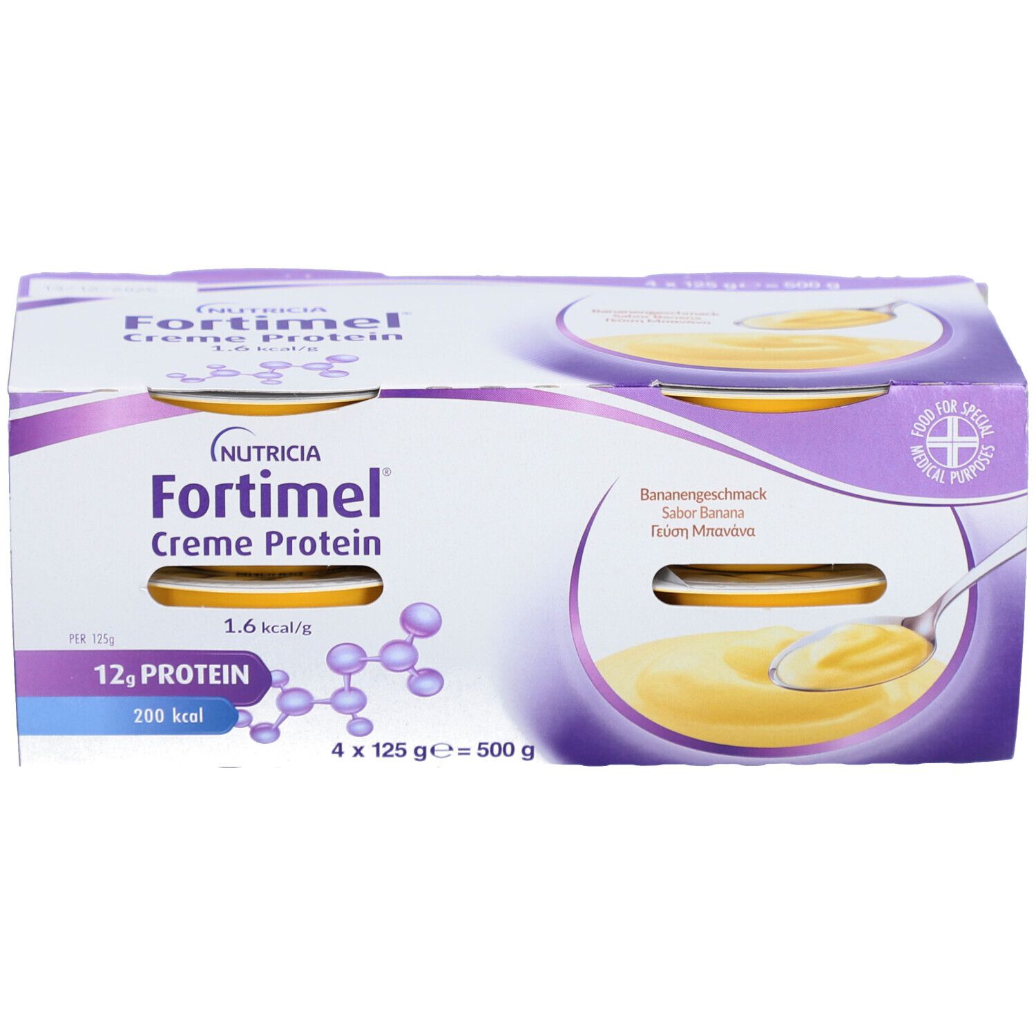 Verpackung mit vier Bechern Fortimel Creme Protein Banane. Aufschrift: 12g Protein, 200 kcal. Produktabbildung mit Löffel.
