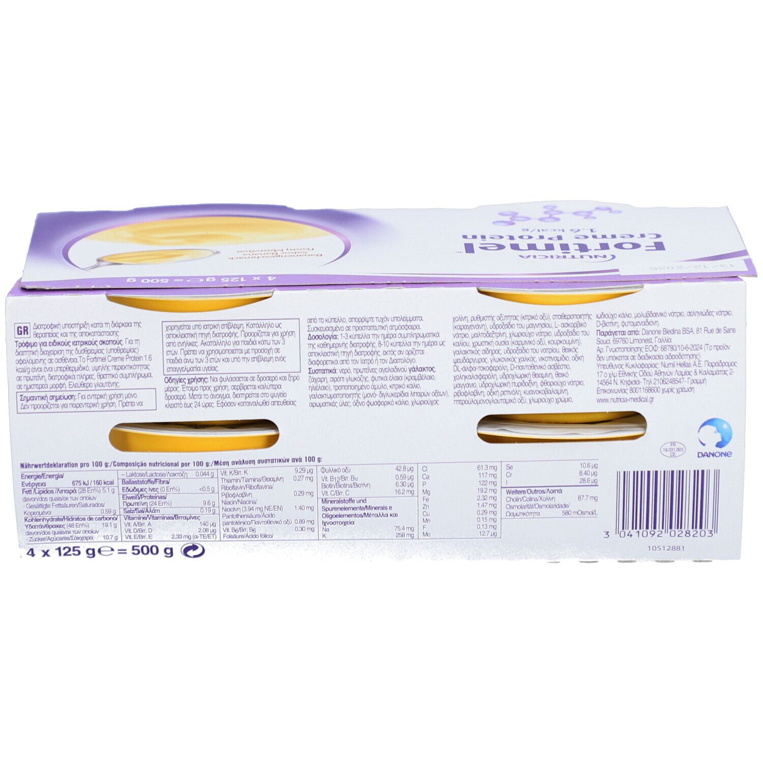 Rückseite der Verpackung von Fortimel Creme Protein Banane. Enthält Informationen zu Nährwerten und Inhaltsstoffen.