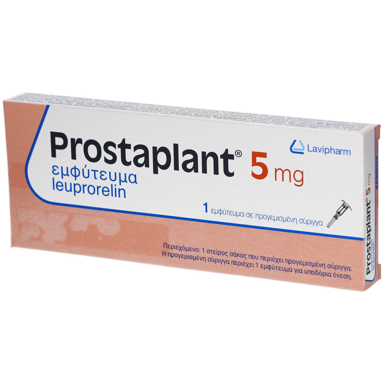 Prostaplant 5 mg, Packung mit Aufschrift und Logo. Enthält eine Fertigspritze.