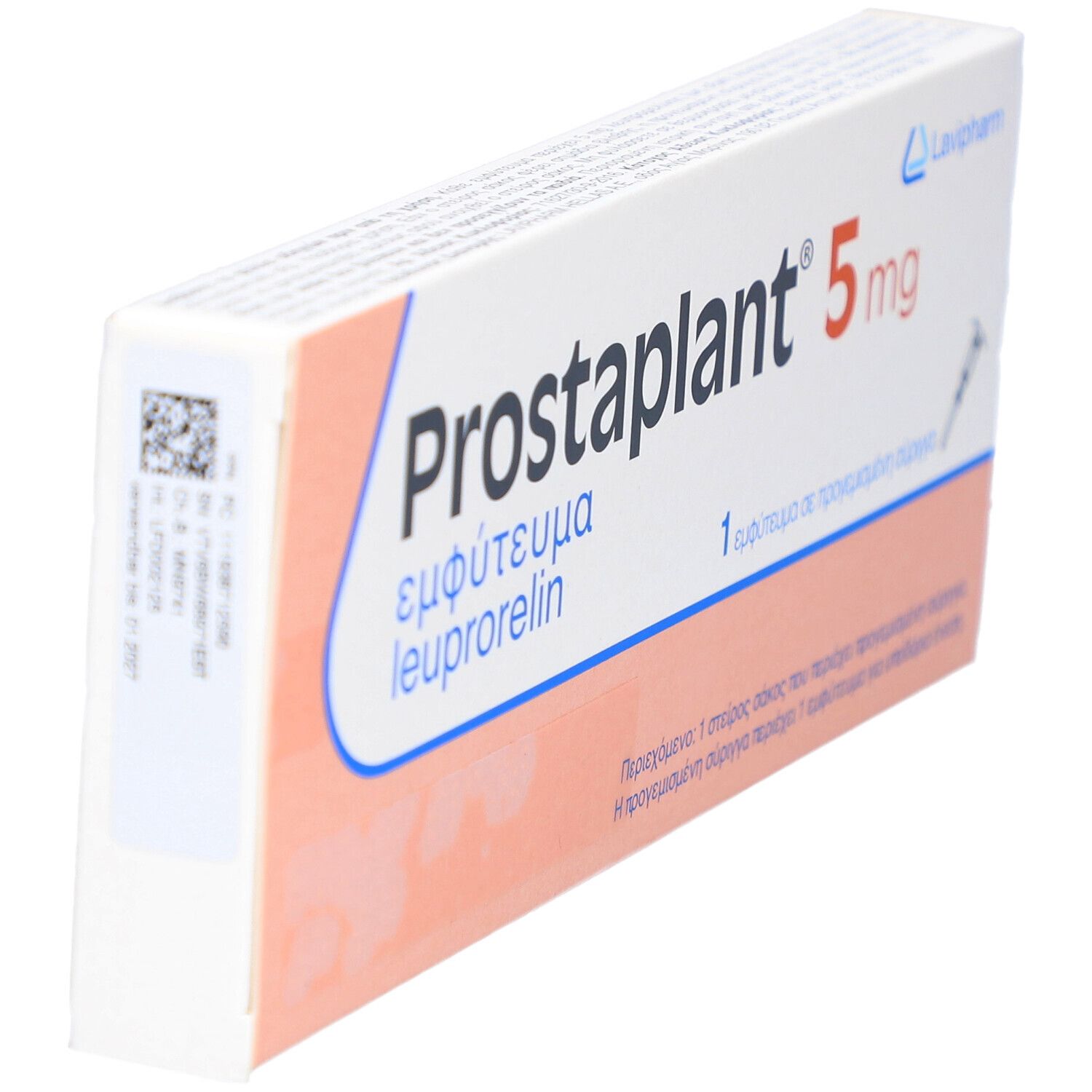 Prostaplant 5 mg Packung, Seitenansicht. Enthält eine Fertigspritze. Mit Barcode.