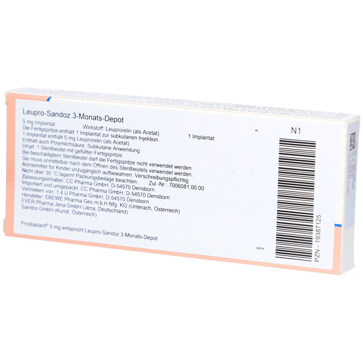 Rückseite der Verpackung von Leupro-Sandoz 3-Monats-Depot Implantat. Text in Deutsch.