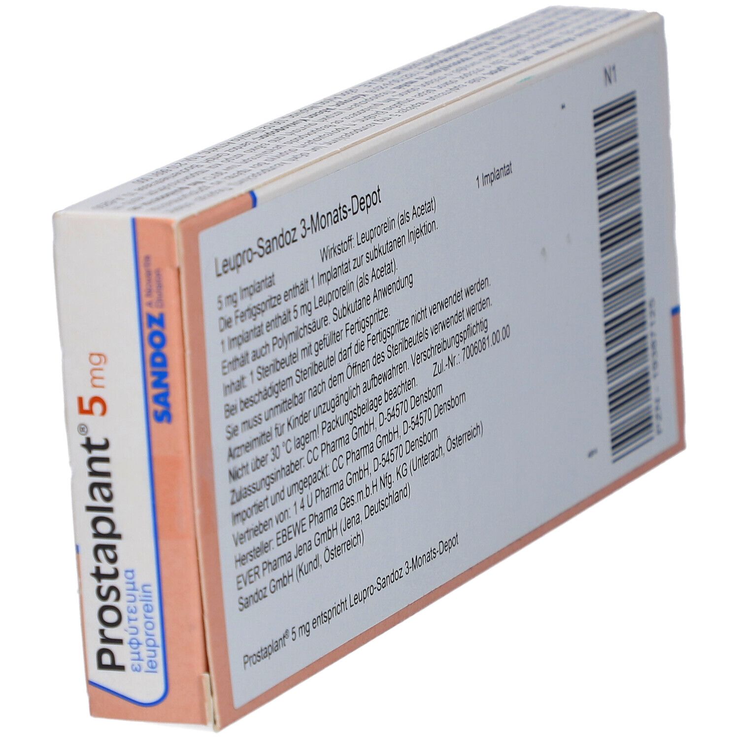 Verpackung von Leupro-Sandoz 3-Monats-Depot Implantat. Text und Logo. Seitenansicht.