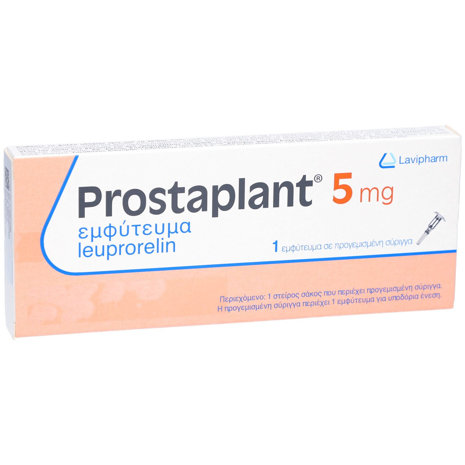 Prostaplant 5 mg Packung mit Logo und Text. Enthält eine Fertigspritze.