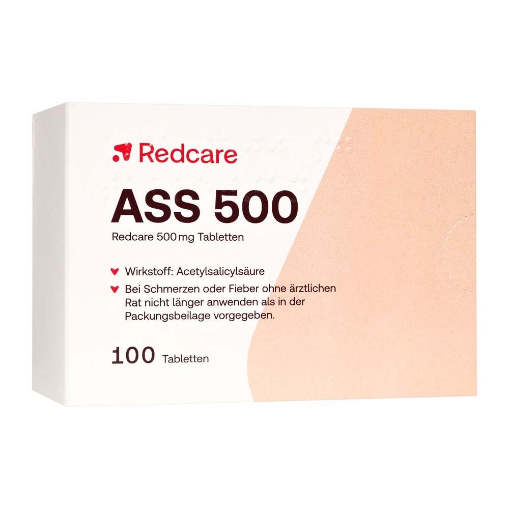 Weiße Tablettenpackung mit rotem Logo und Aufschrift ASS 500. Enthält 100 Tabletten. Text: Wirkstoff Acetylsalicylsäure.