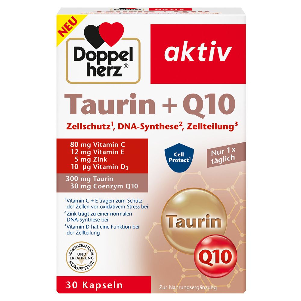 Verpackung von Doppelherz Taurin + Q10 Kapseln. Enthält 30 Kapseln. Aufschrift: Taurin + Q10, aktiv, Zellschutz, DNA-Synthese, Zellteilung.