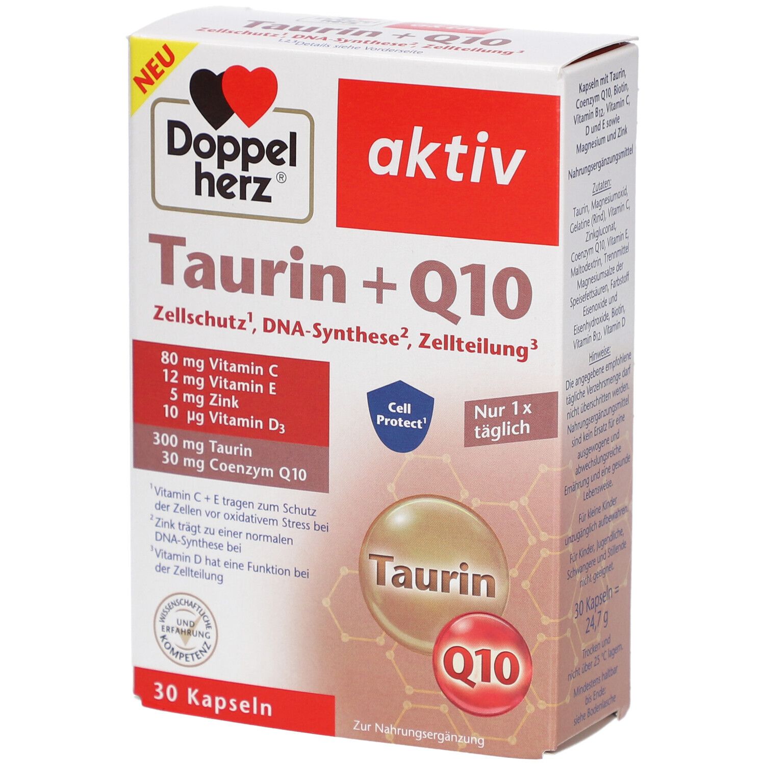 Karton von Doppelherz Taurin + Q10 Kapseln. Enthält 30 Kapseln. Aufschrift: Taurin + Q10, aktiv, Zellschutz, DNA-Synthese, Zellteilung.