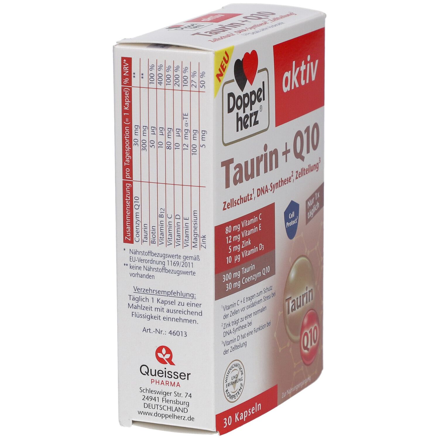 Seitenansicht der Verpackung von Doppelherz Taurin + Q10 Kapseln. Enthält Nährwertangaben und Inhaltsstoffe. 30 Kapseln.