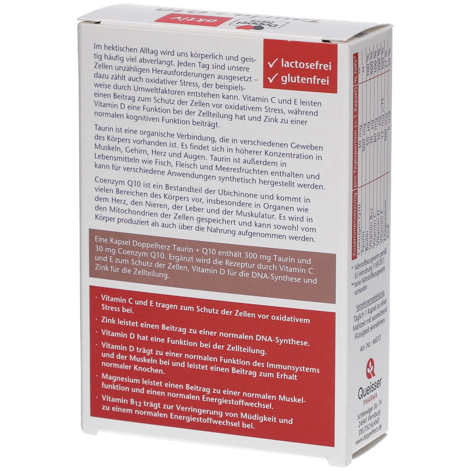 Rückseite der Verpackung von Doppelherz Taurin + Q10 Kapseln. Text über Inhaltsstoffe und Vorteile. Enthält 30 Kapseln.