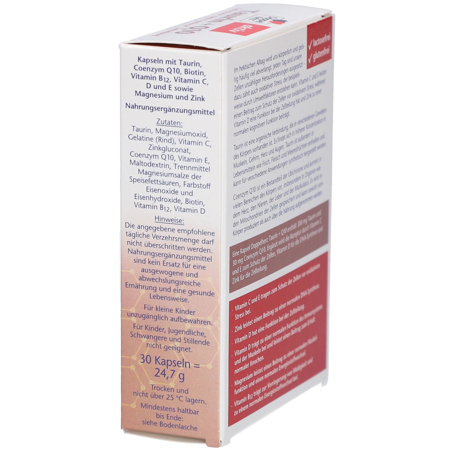 Seitenansicht der Verpackung von Doppelherz Taurin + Q10 Kapseln. Enthält Inhaltsstoffe und Hinweise. 30 Kapseln.