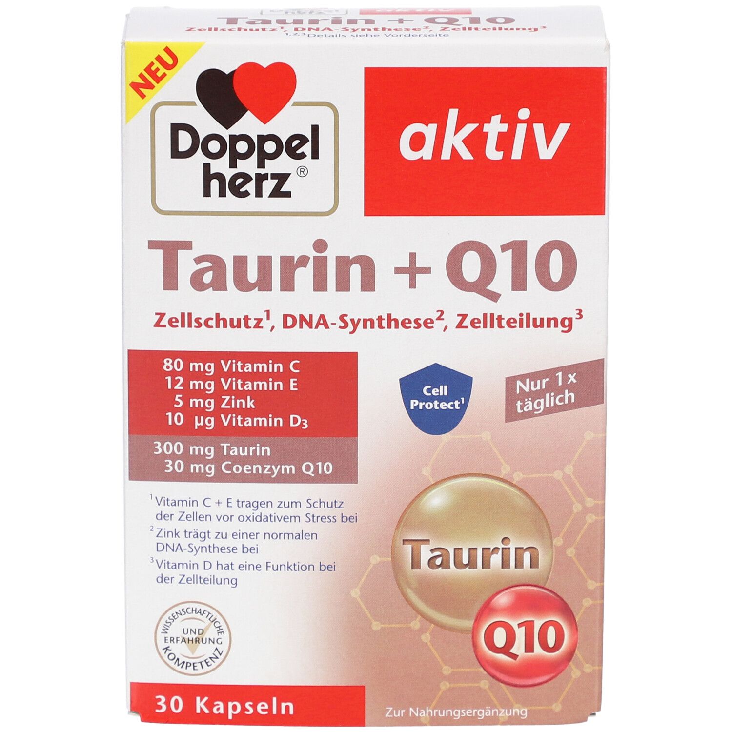 Karton von Doppelherz Taurin + Q10 Kapseln. Enthält 30 Kapseln. Aufschrift: Taurin + Q10, aktiv, Zellschutz, DNA-Synthese, Zellteilung.