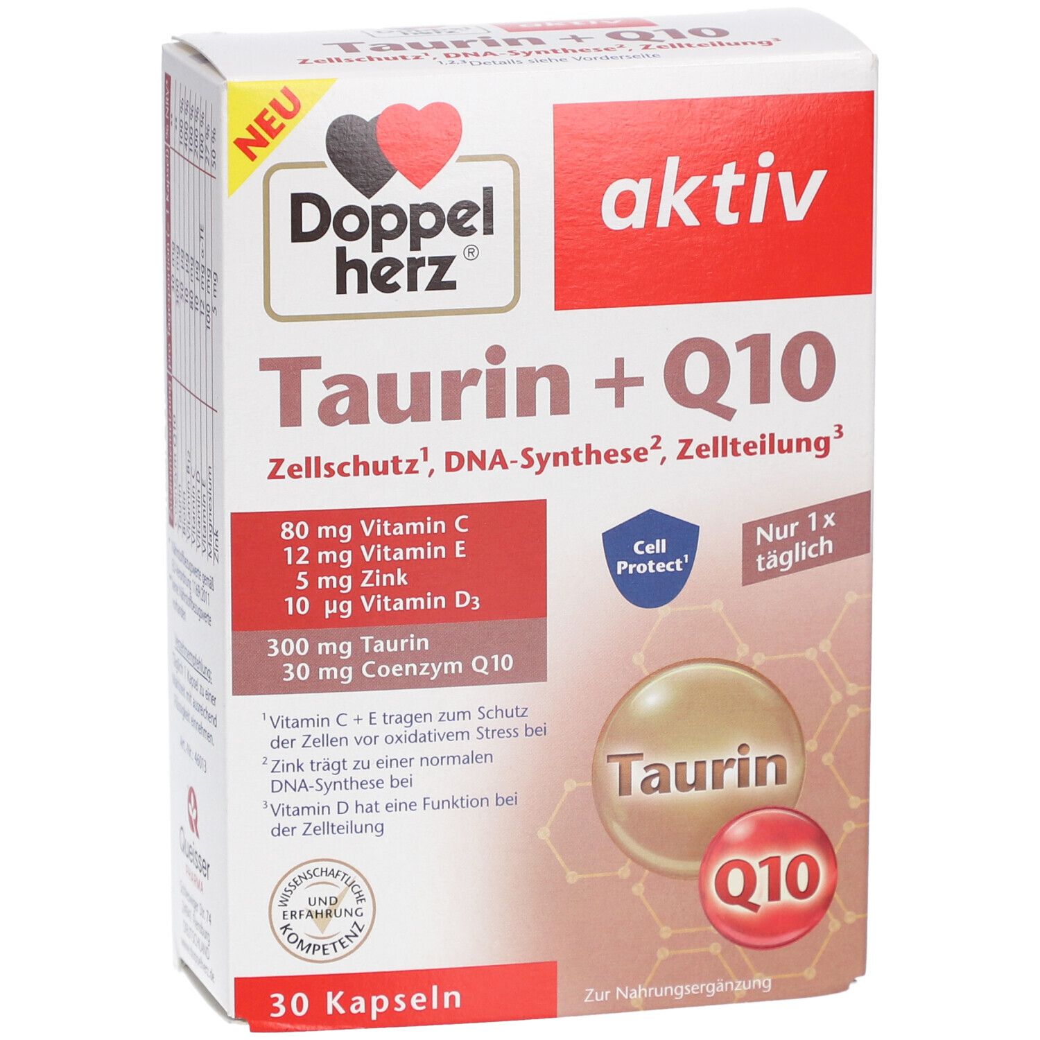 Karton von Doppelherz Taurin + Q10 Kapseln. Enthält 30 Kapseln. Aufschrift: Taurin + Q10, aktiv, Zellschutz, DNA-Synthese, Zellteilung.