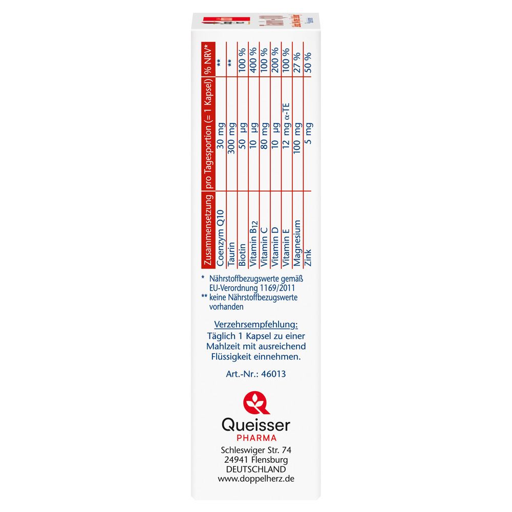Seite der Verpackung von Doppelherz Taurin + Q10 Kapseln. Enthält Nährwertangaben und Verzehrempfehlung. Herstellerinformationen.