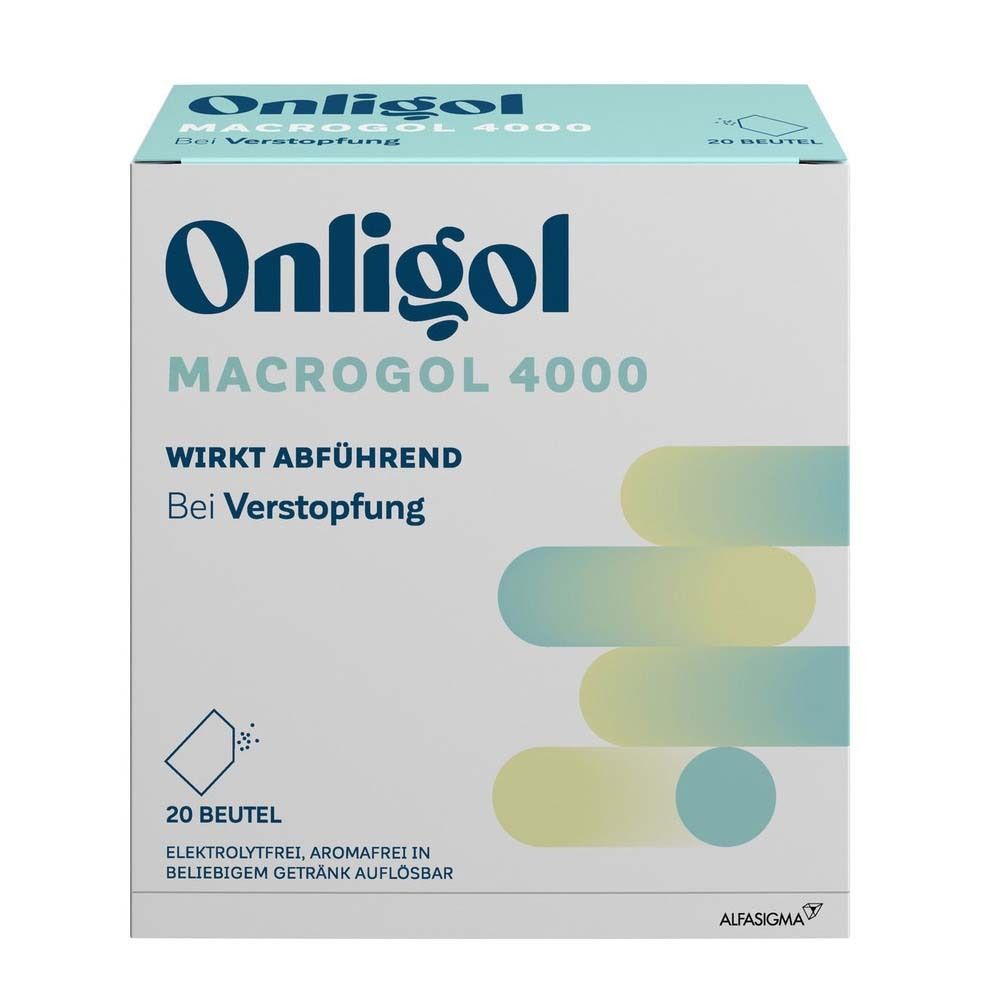 Onligol Macrogol 4000-Packung. Enthält 20 Beutel. Text: Wirkt abführend bei Verstopfung. Elektrolytfrei, aromafrei.